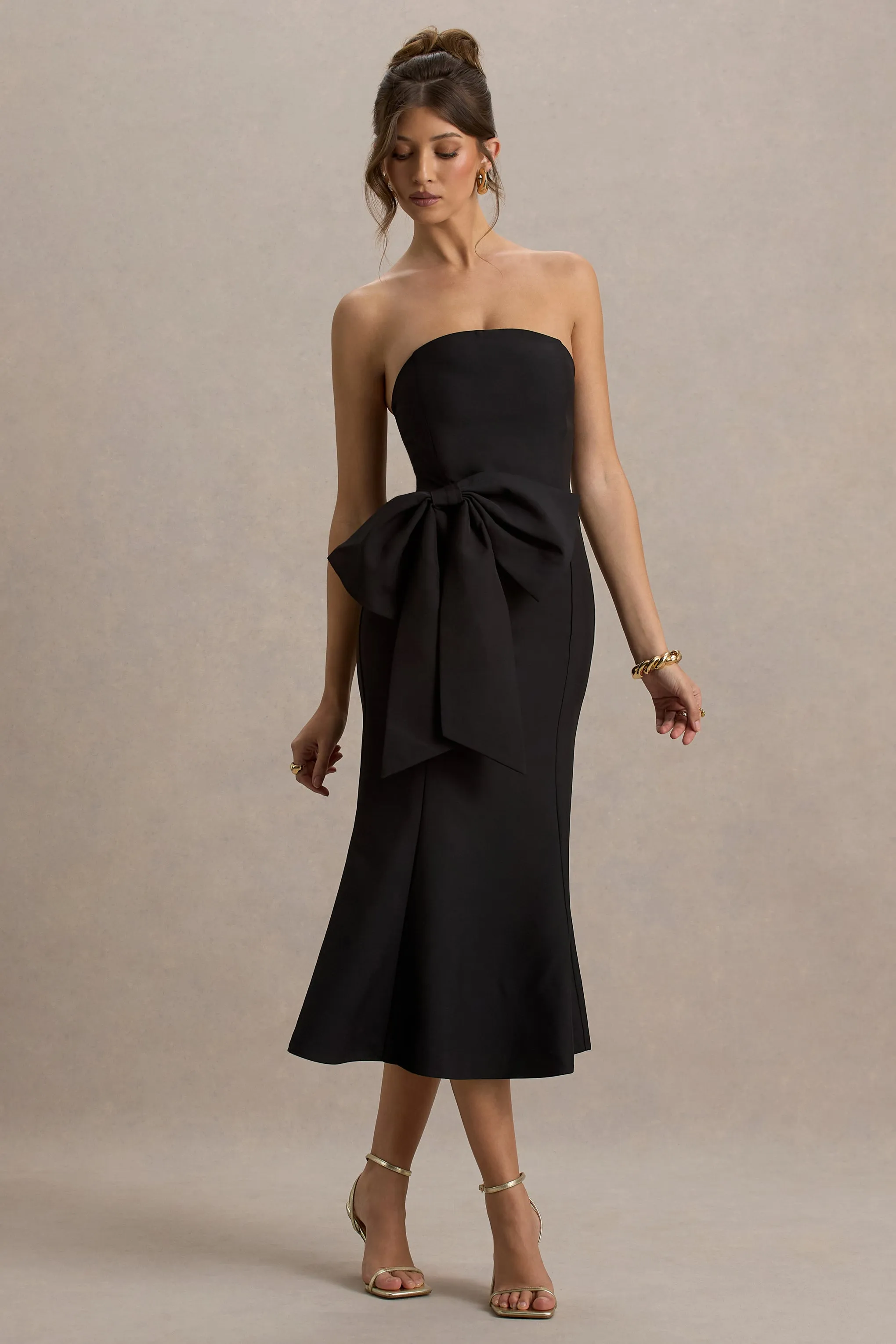 To Me | Black Bandeau Midi Dress With Oversized Bow Club L London
