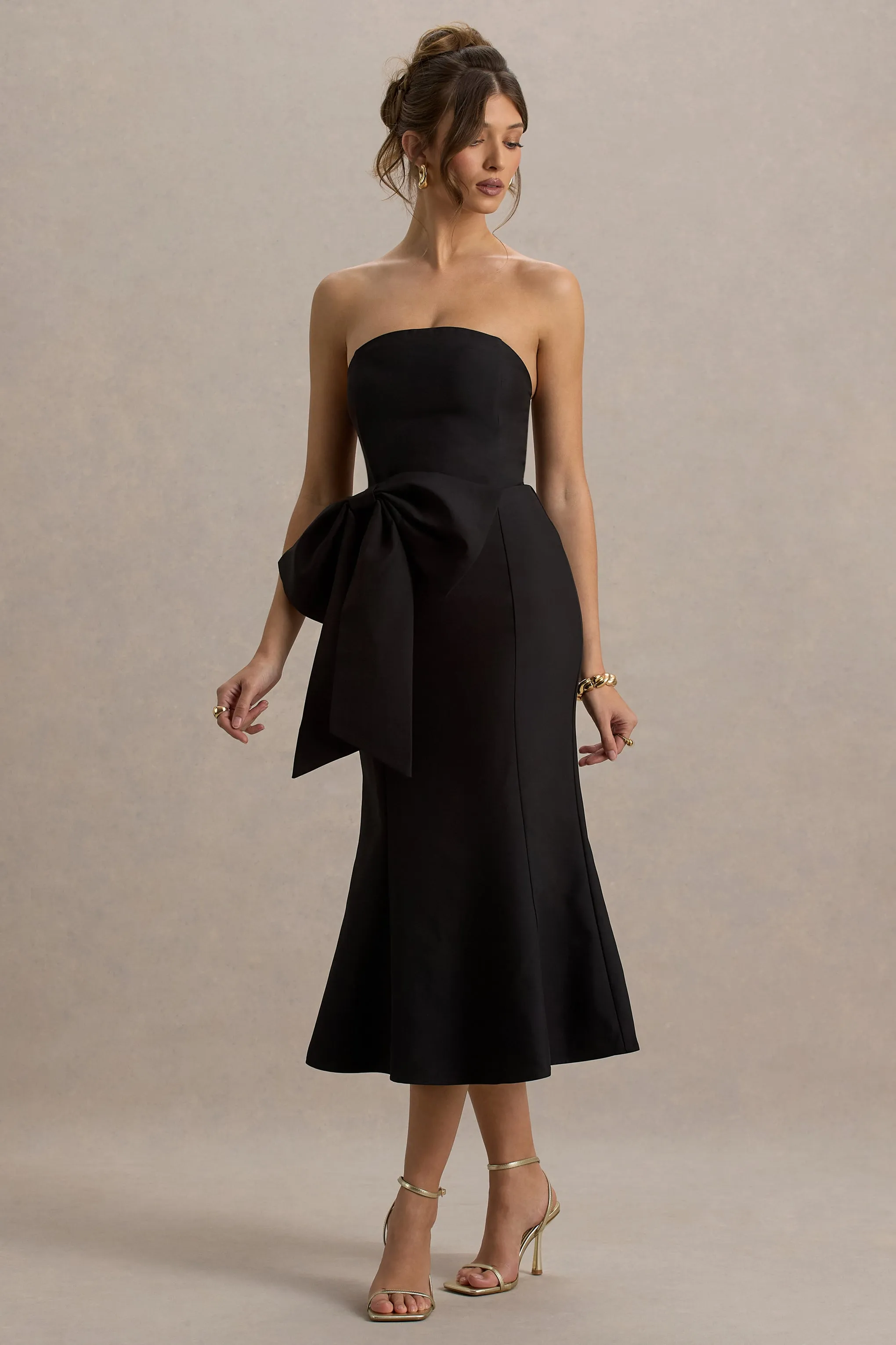 To Me | Black Bandeau Midi Dress With Oversized Bow Club L London
