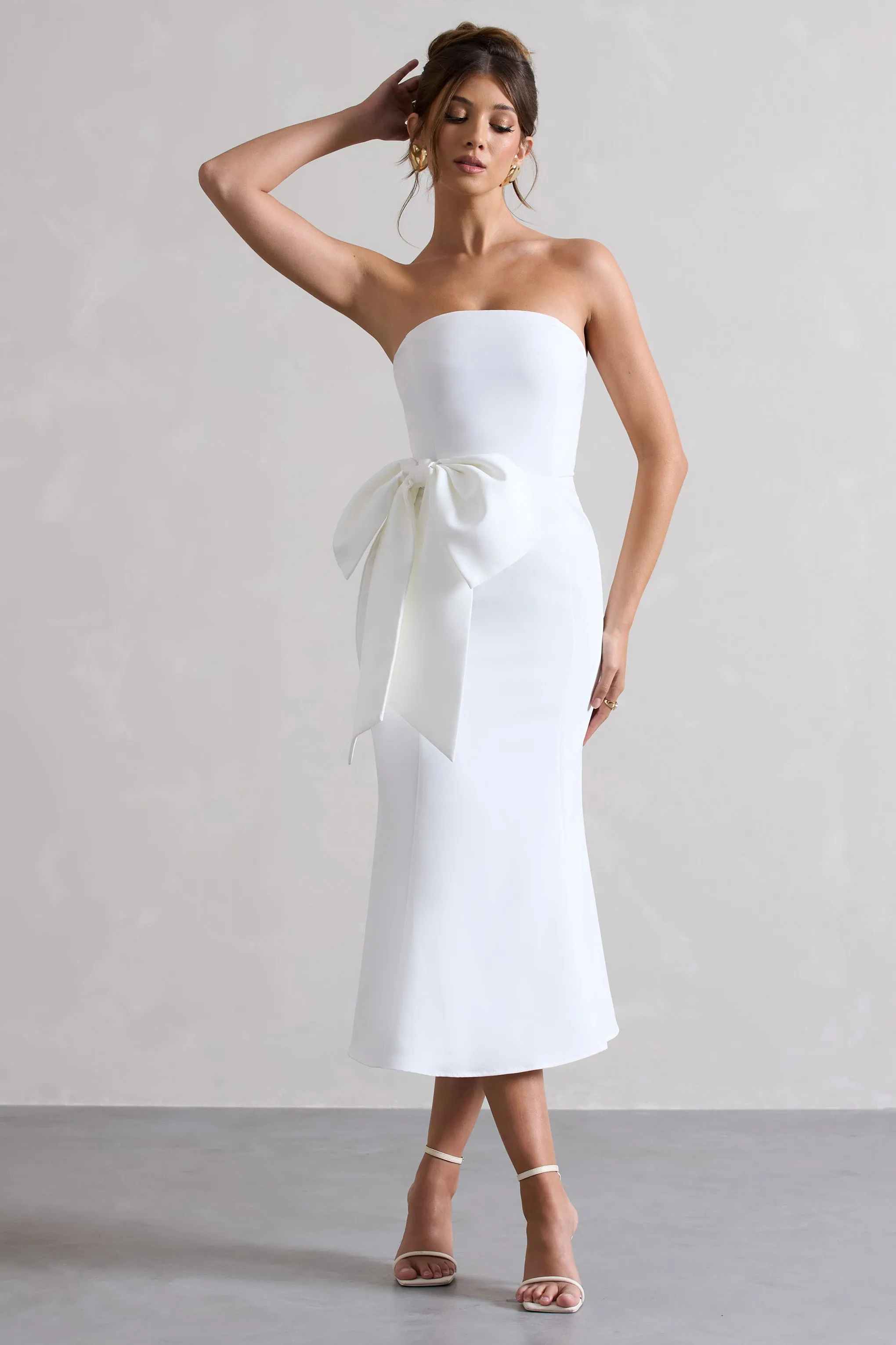 To Me | White Bandeau Midi Dress With Oversized Bow Club L London