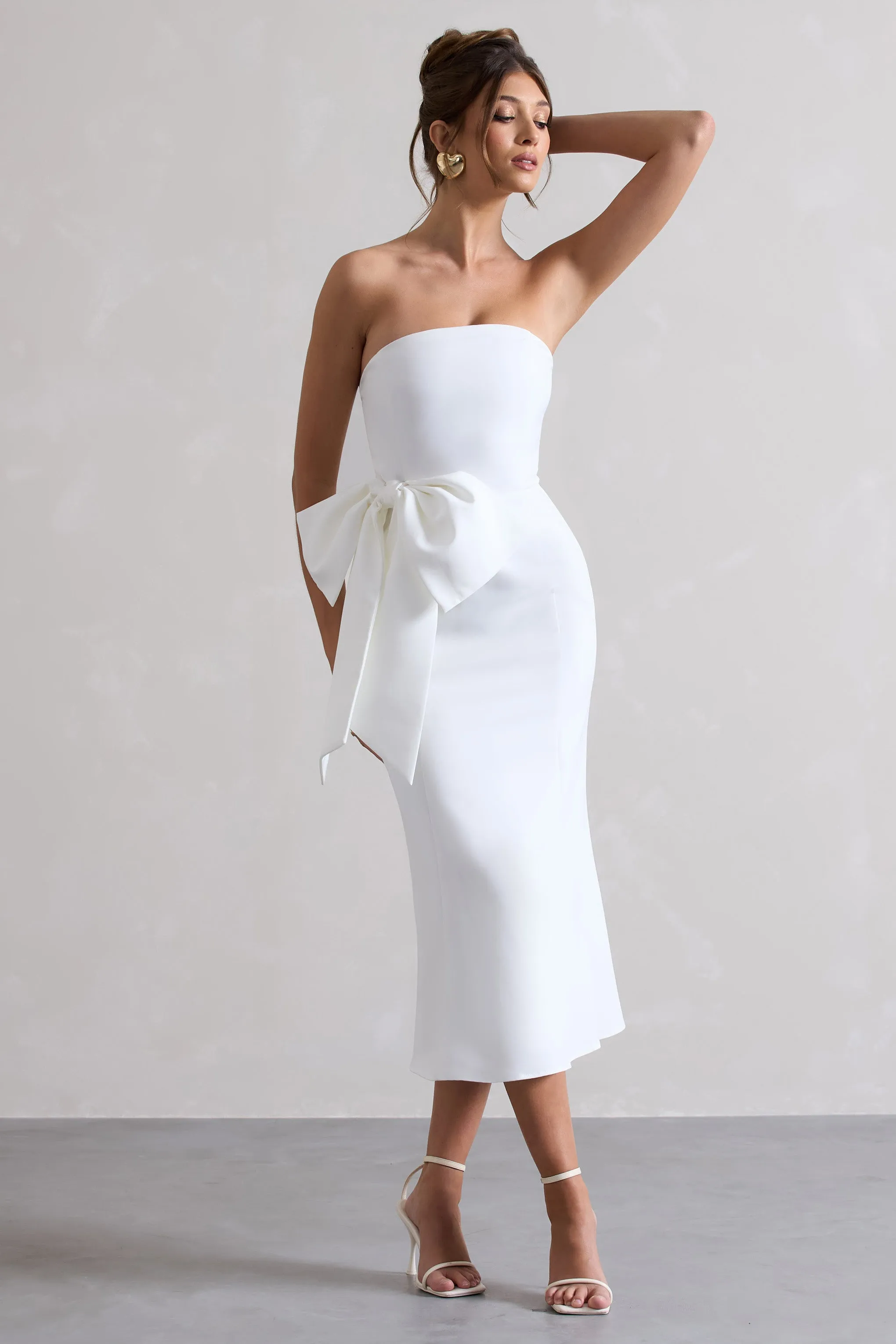 To Me | White Bandeau Midi Dress With Oversized Bow Club L London