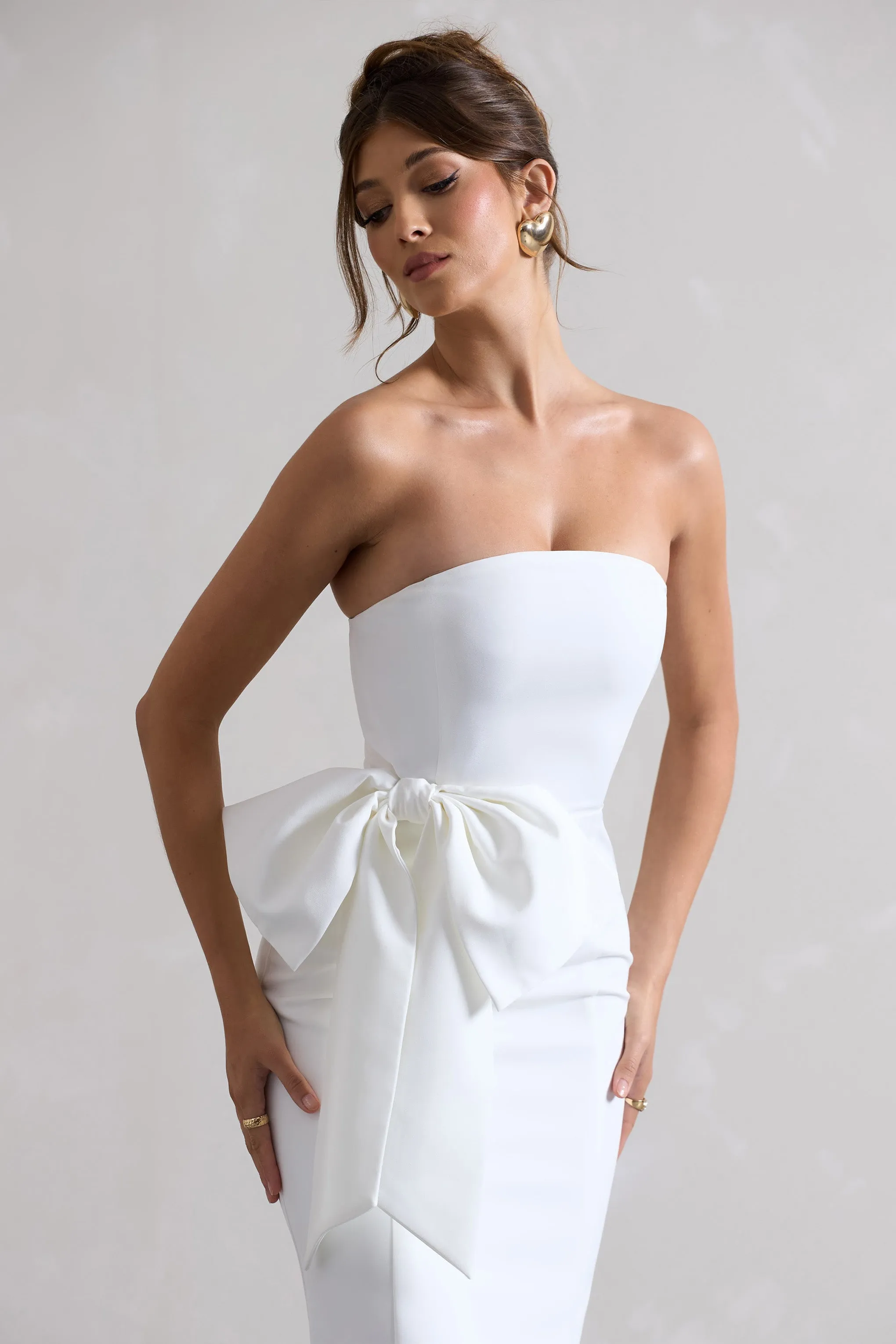 To Me | White Bandeau Midi Dress With Oversized Bow Club L London