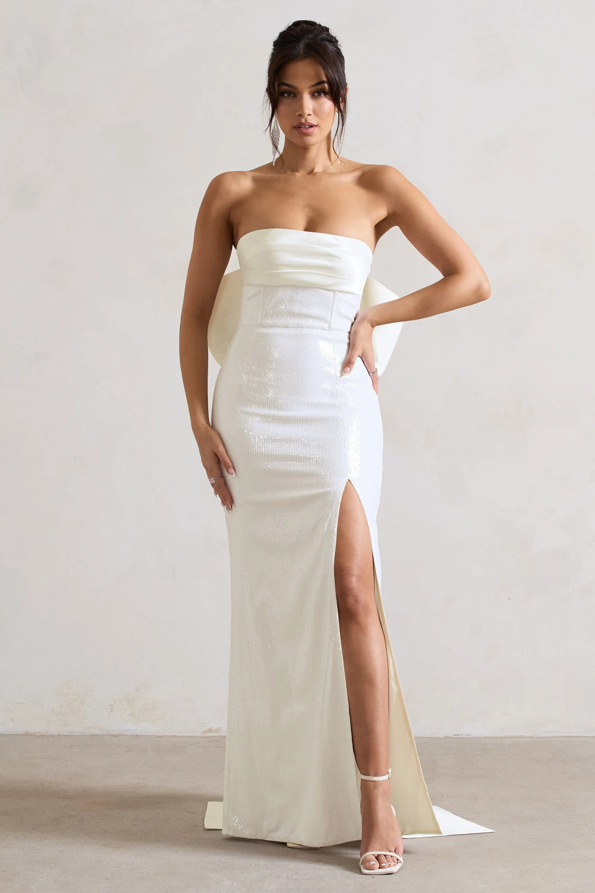 To You | White Sequin Bandeau Split Maxi Dress With Oversized Bow Club L London