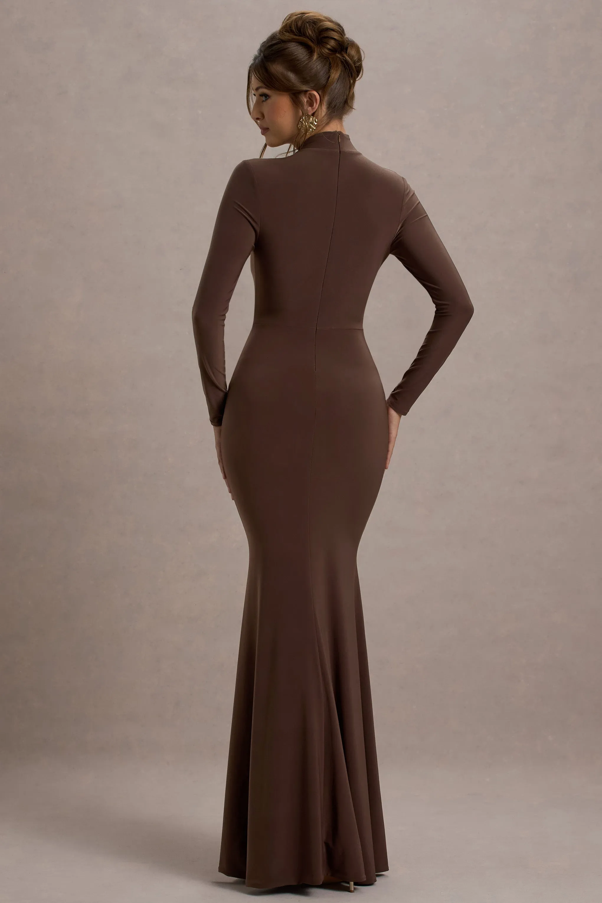Tova | Chocolate High-Neck Long-Sleeve Maxi Dress Club L London