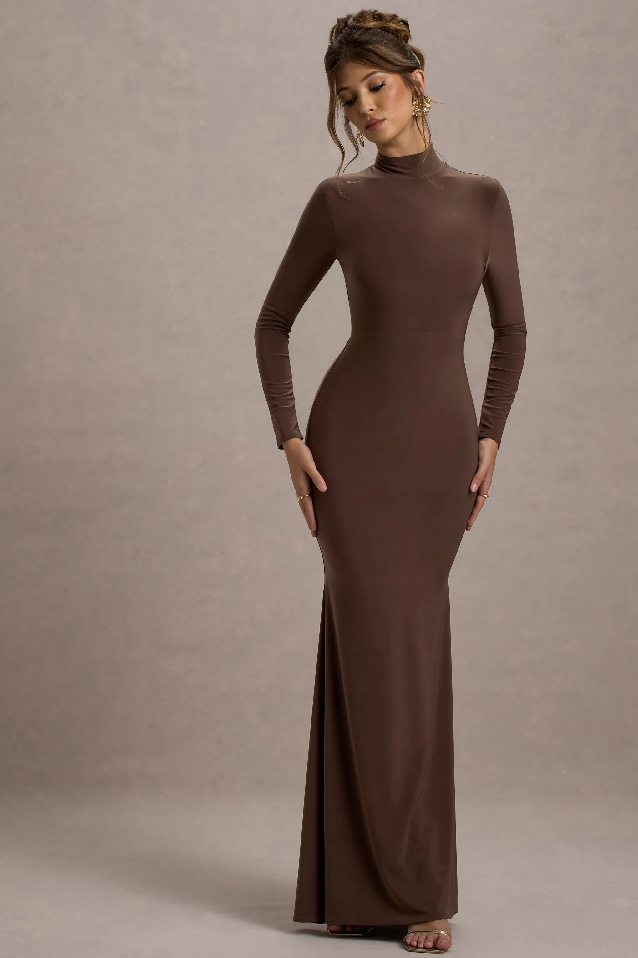 Tova | Chocolate High-Neck Long-Sleeve Maxi Dress Club L London