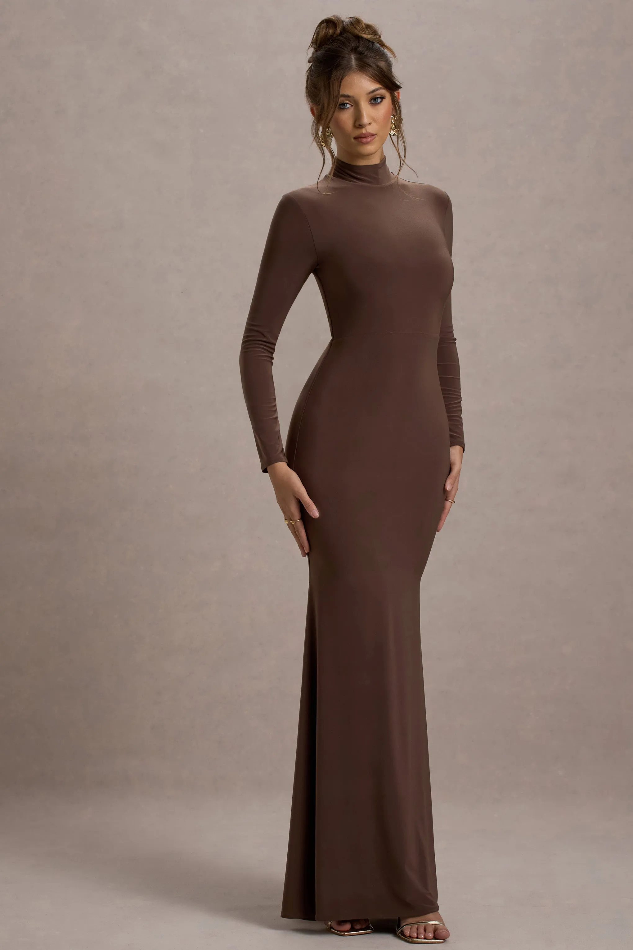 Tova | Chocolate High-Neck Long-Sleeve Maxi Dress Club L London