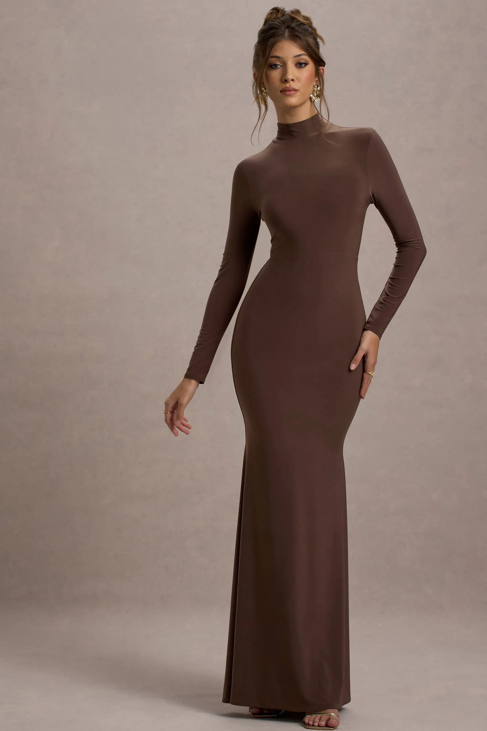 Tova | Chocolate High-Neck Long-Sleeve Maxi Dress Club L London
