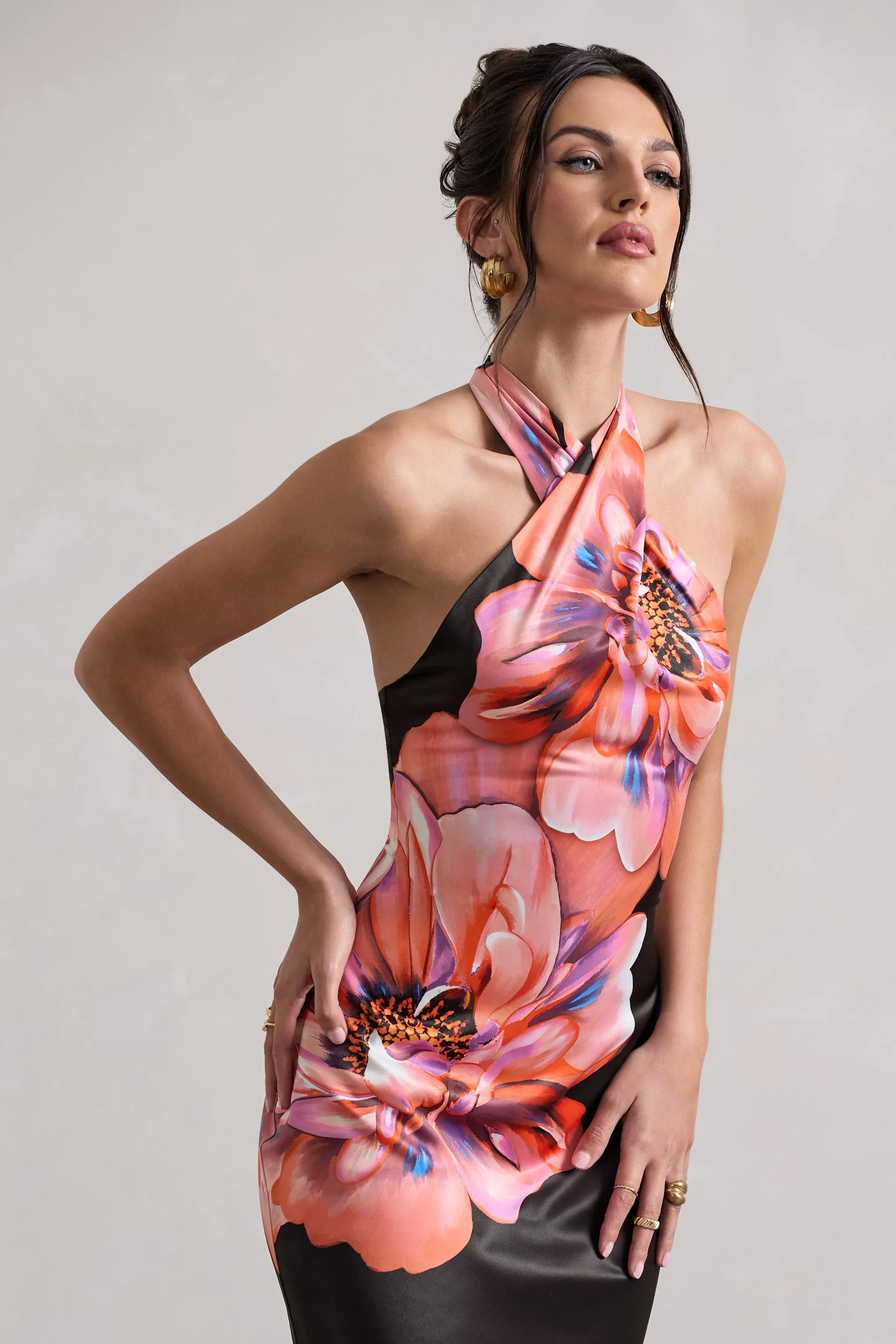 Tropicana | Pink Floral Satin Cross Over Halterneck Maxi Dress Club L London