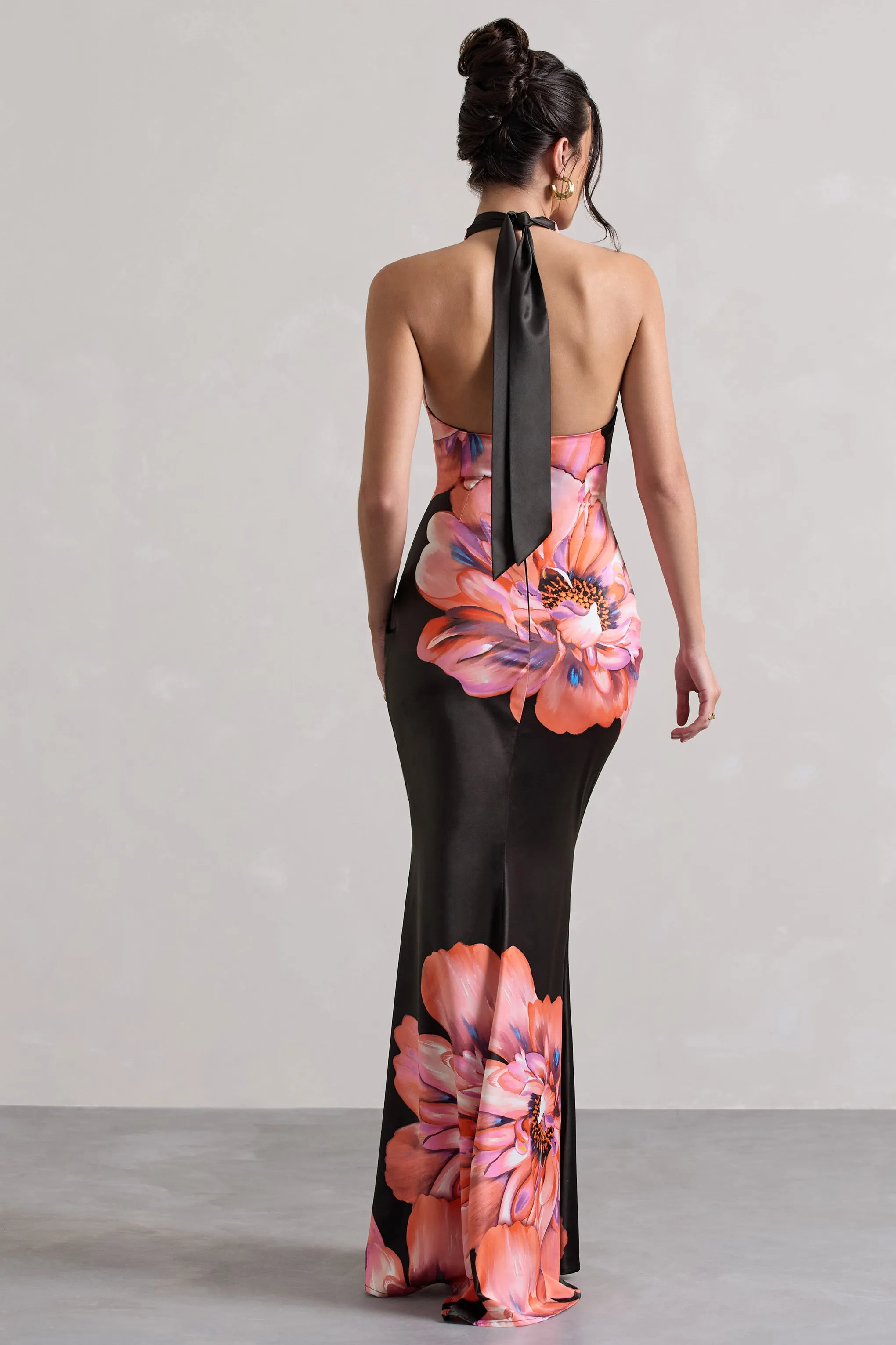 Tropicana | Pink Floral Satin Cross Over Halterneck Maxi Dress Club L London