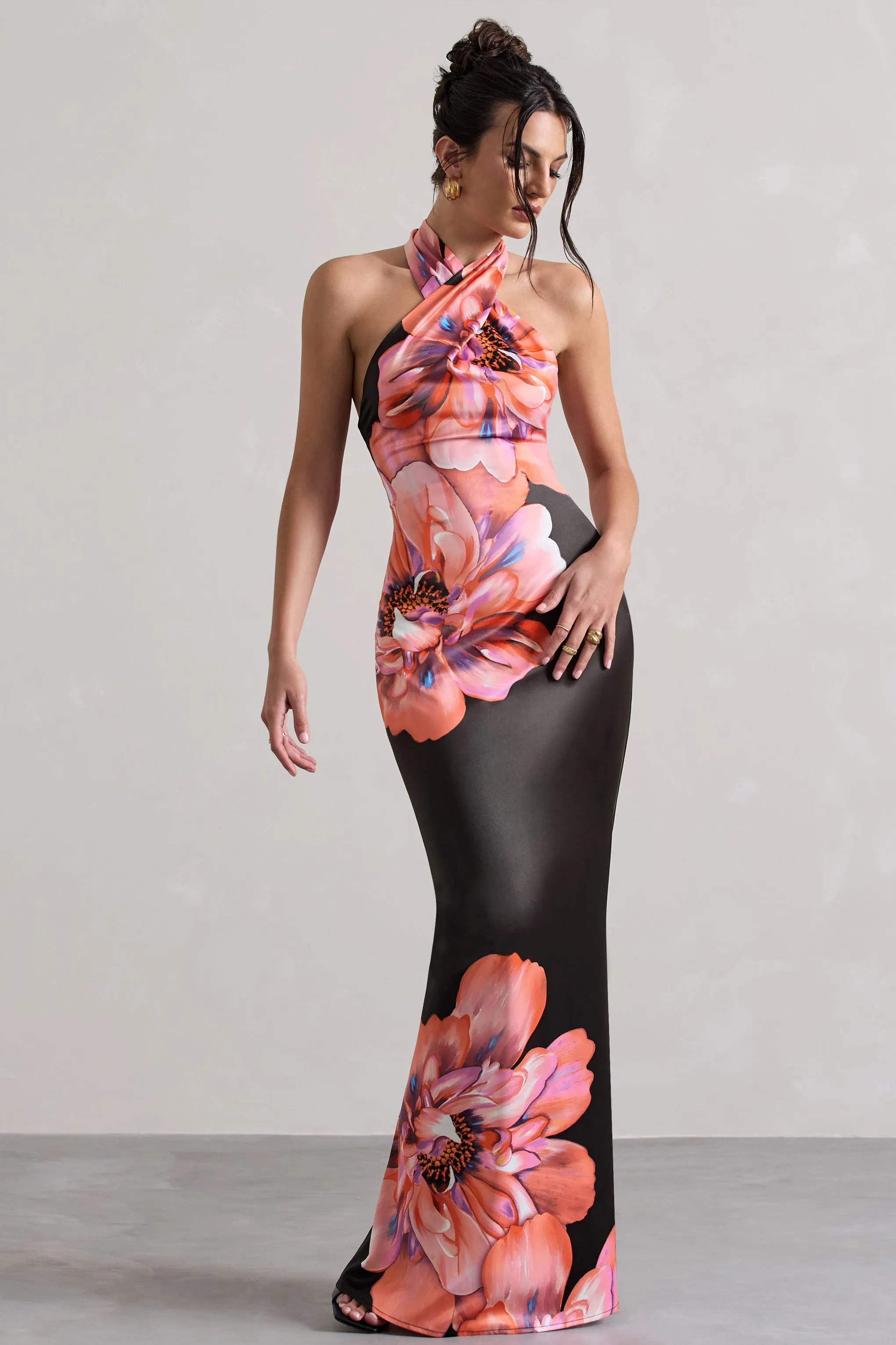 Tropicana | Pink Floral Satin Cross Over Halterneck Maxi Dress Club L London