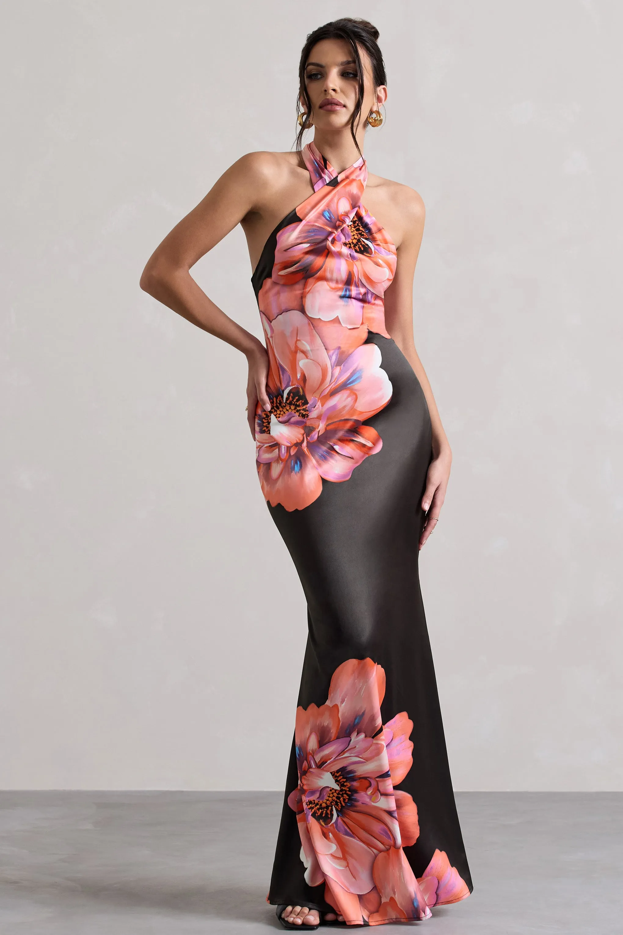 Tropicana | Pink Floral Satin Cross Over Halterneck Maxi Dress Club L London