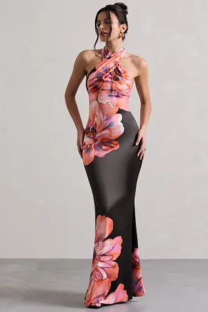 Tropicana | Pink Floral Satin Cross Over Halterneck Maxi Dress Club L London