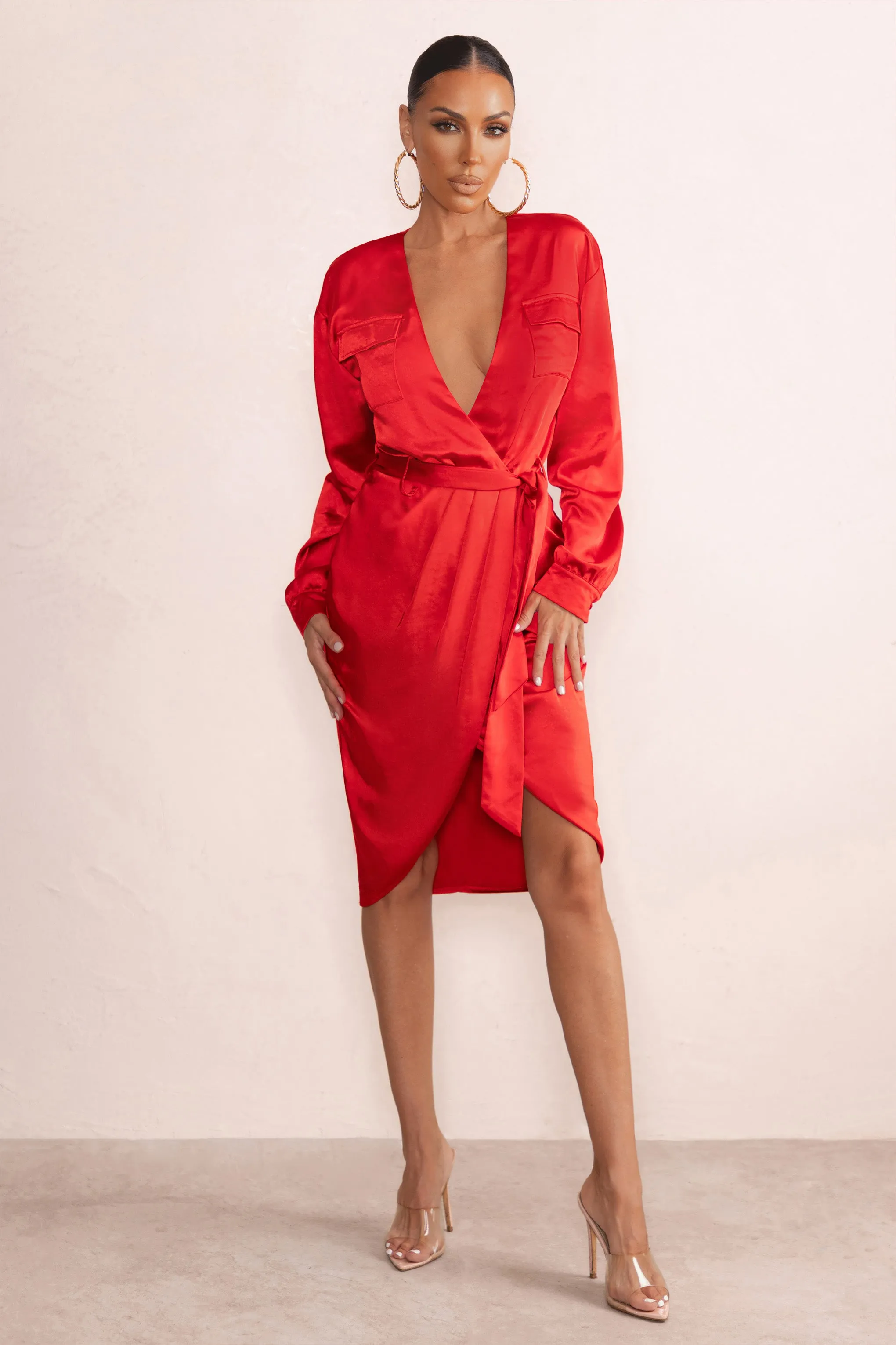 True Romance | Red Satin Plunge Neck Midi Dress With Belt Detail Club L London