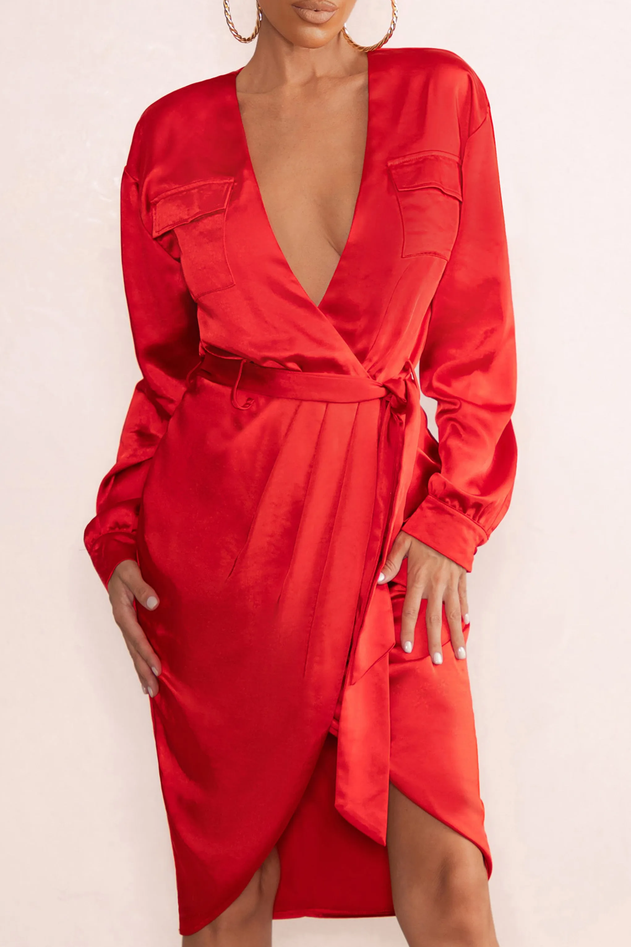 True Romance | Red Satin Plunge Neck Midi Dress With Belt Detail Club L London
