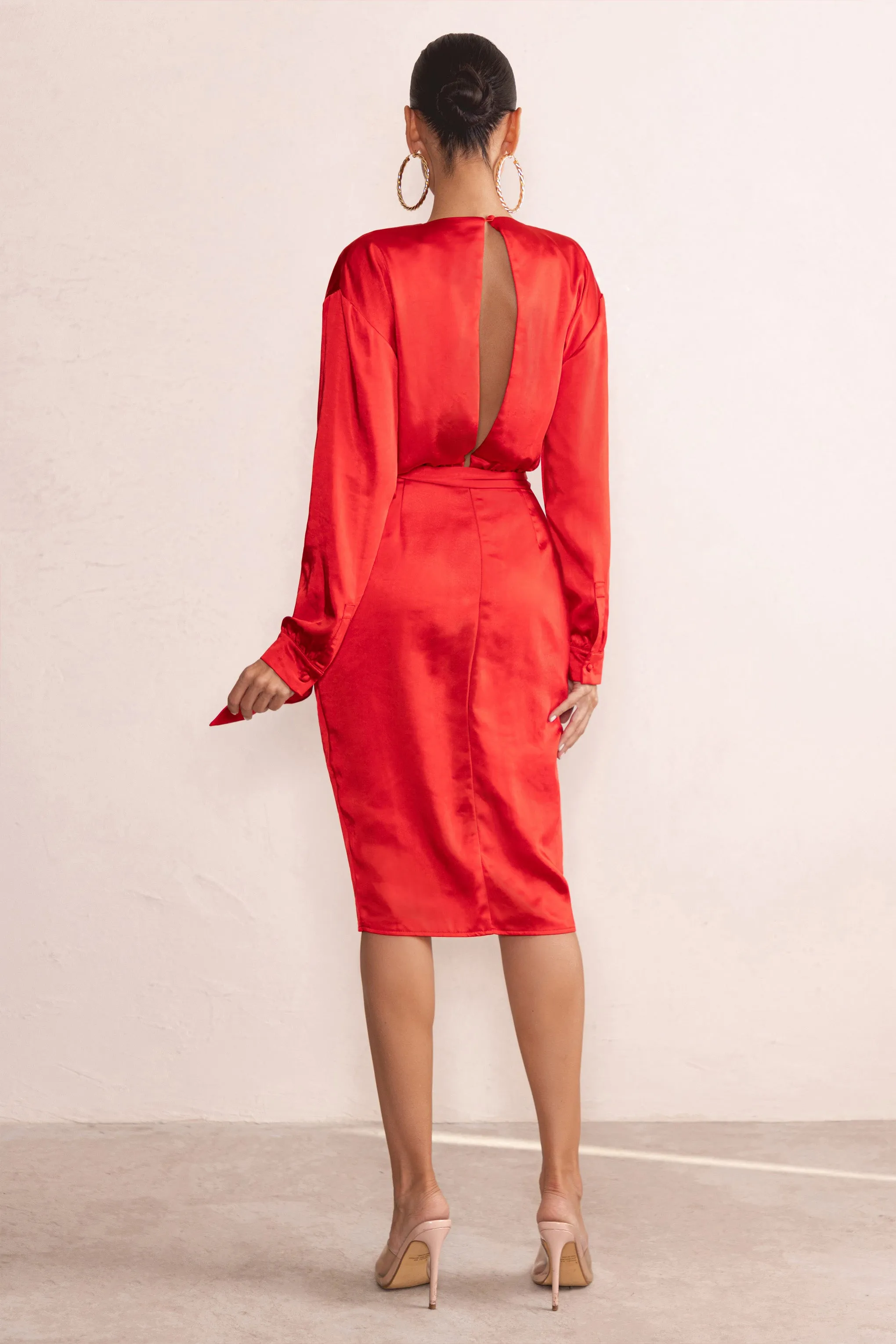 True Romance | Red Satin Plunge Neck Midi Dress With Belt Detail Club L London