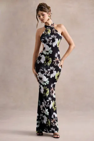 Tuscany | Black Floral Print Halter-Neck Split Maxi Dress Club L London