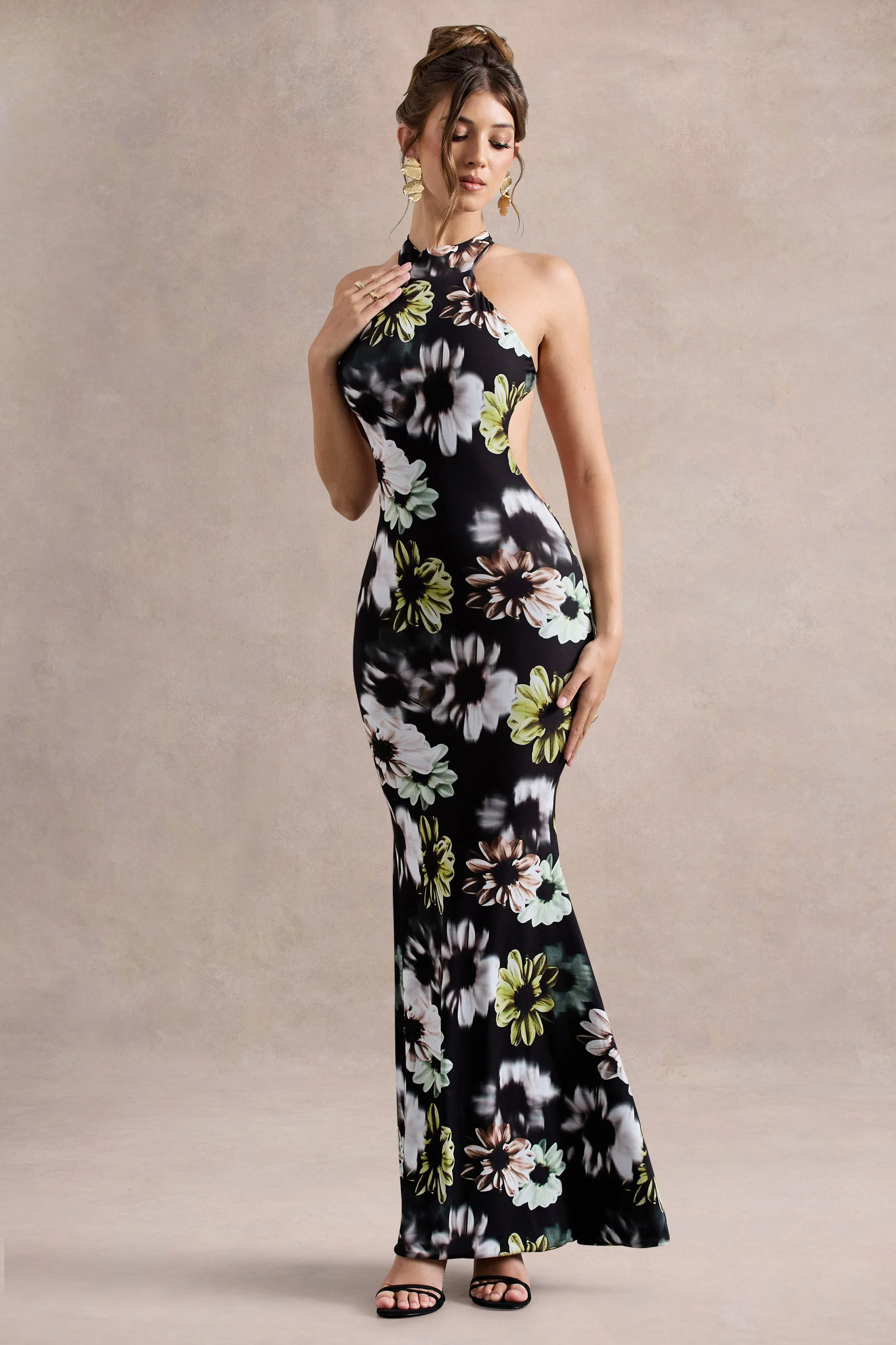 Tuscany | Black Floral Print Halter-Neck Split Maxi Dress Club L London