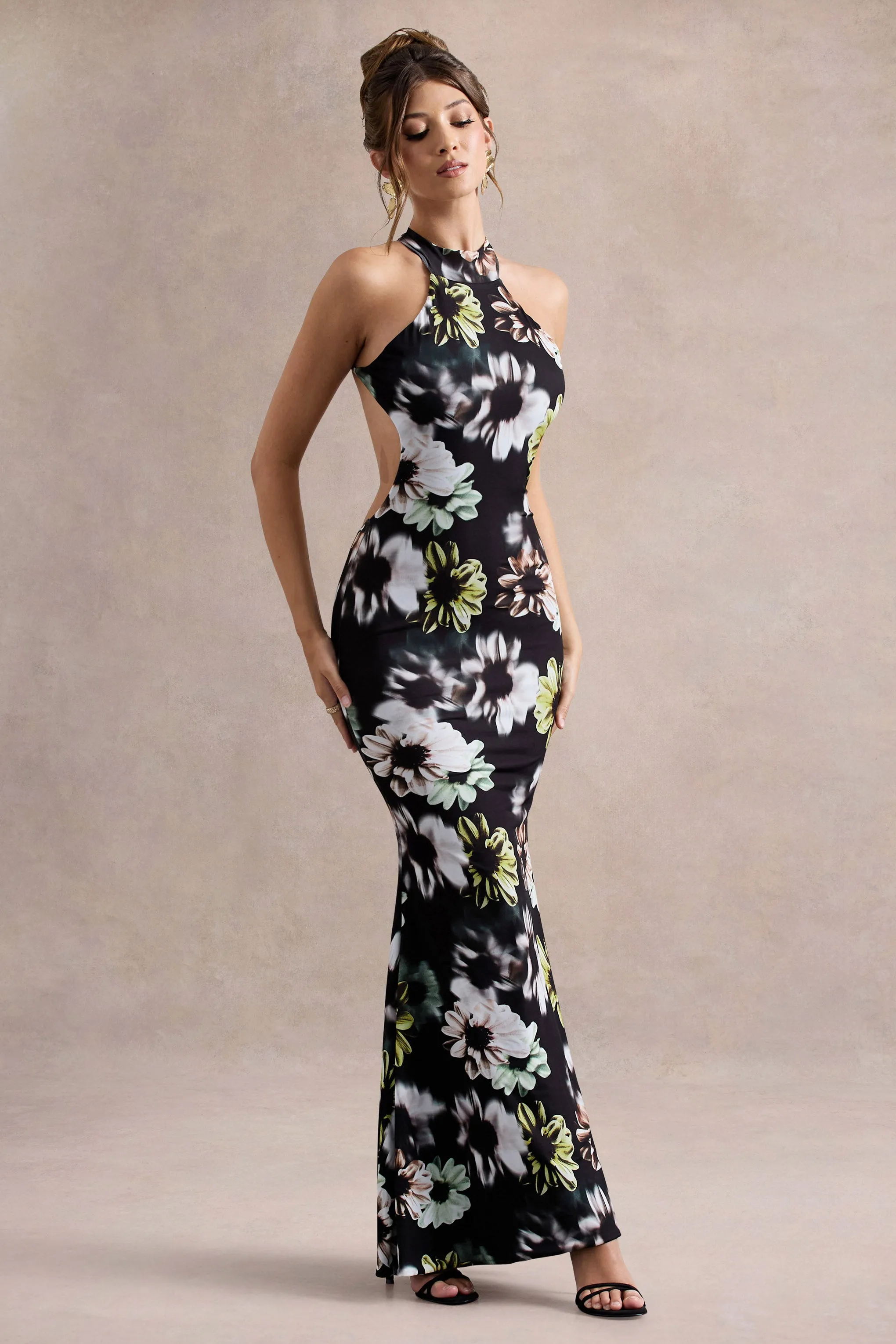 Tuscany | Black Floral Print Halter-Neck Split Maxi Dress Club L London