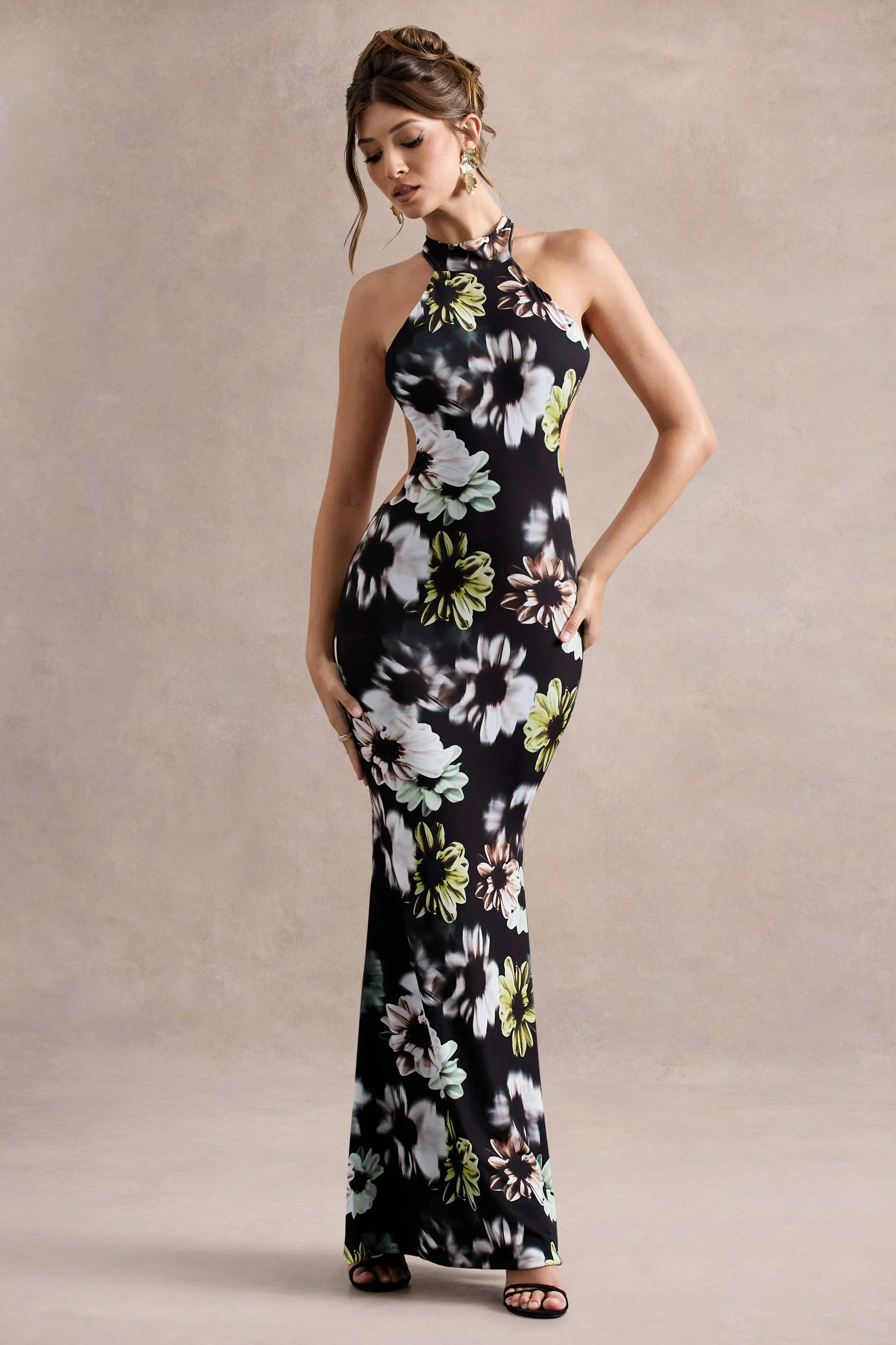 Tuscany | Black Floral Print Halter-Neck Split Maxi Dress Club L London
