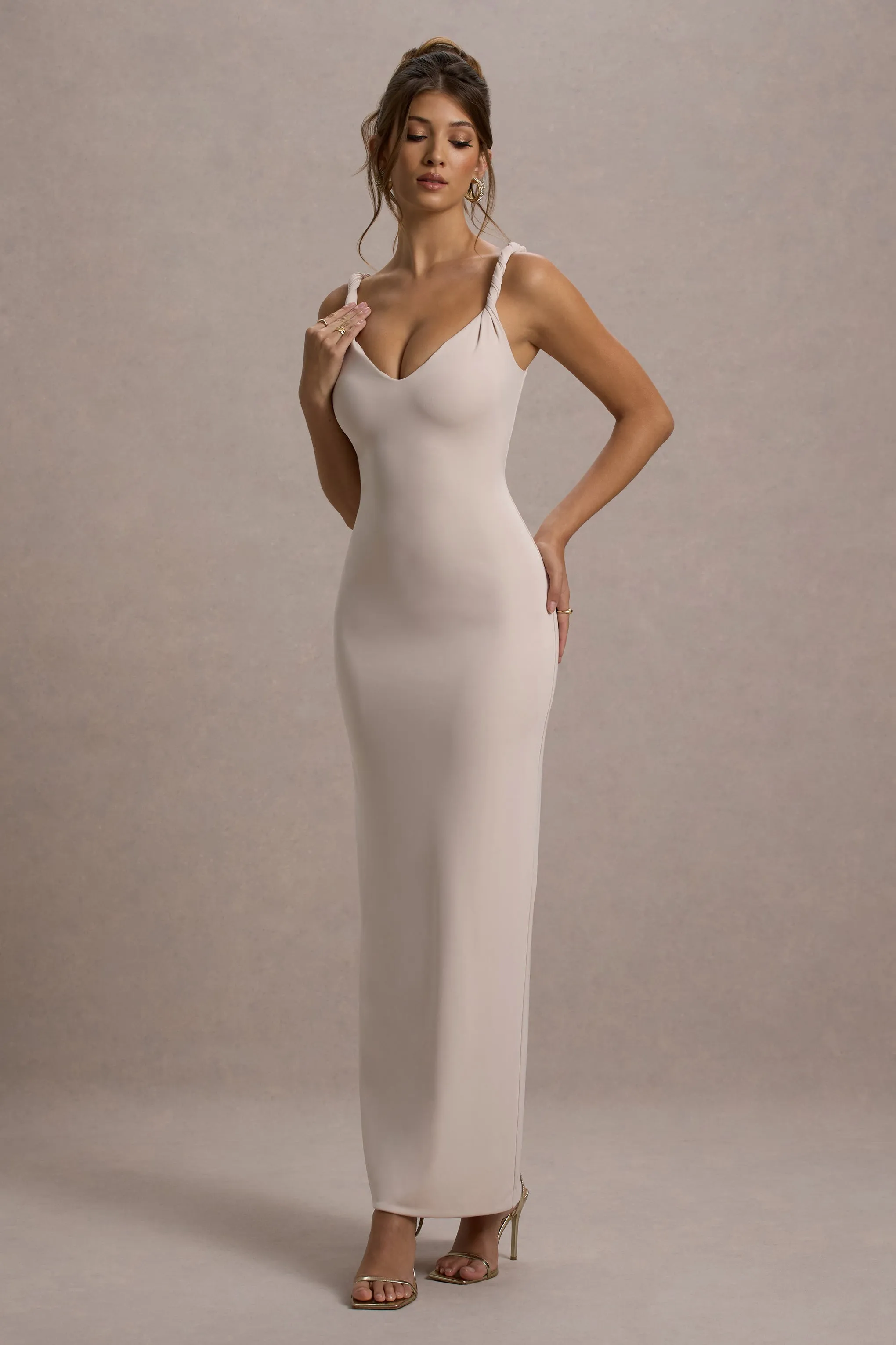 Twist Of Fate | Champagne Twist-Neck Maxi Dress Club L London