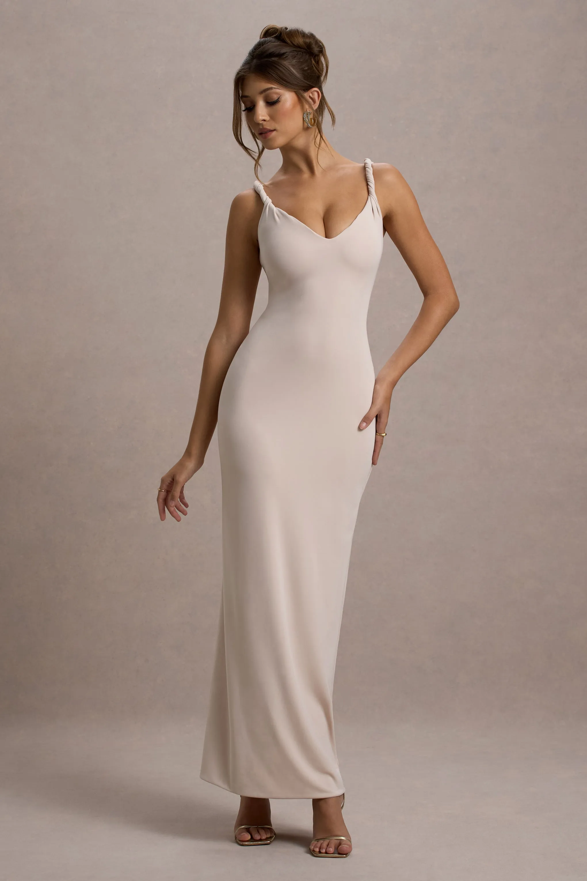 Twist Of Fate | Champagne Twist-Neck Maxi Dress Club L London