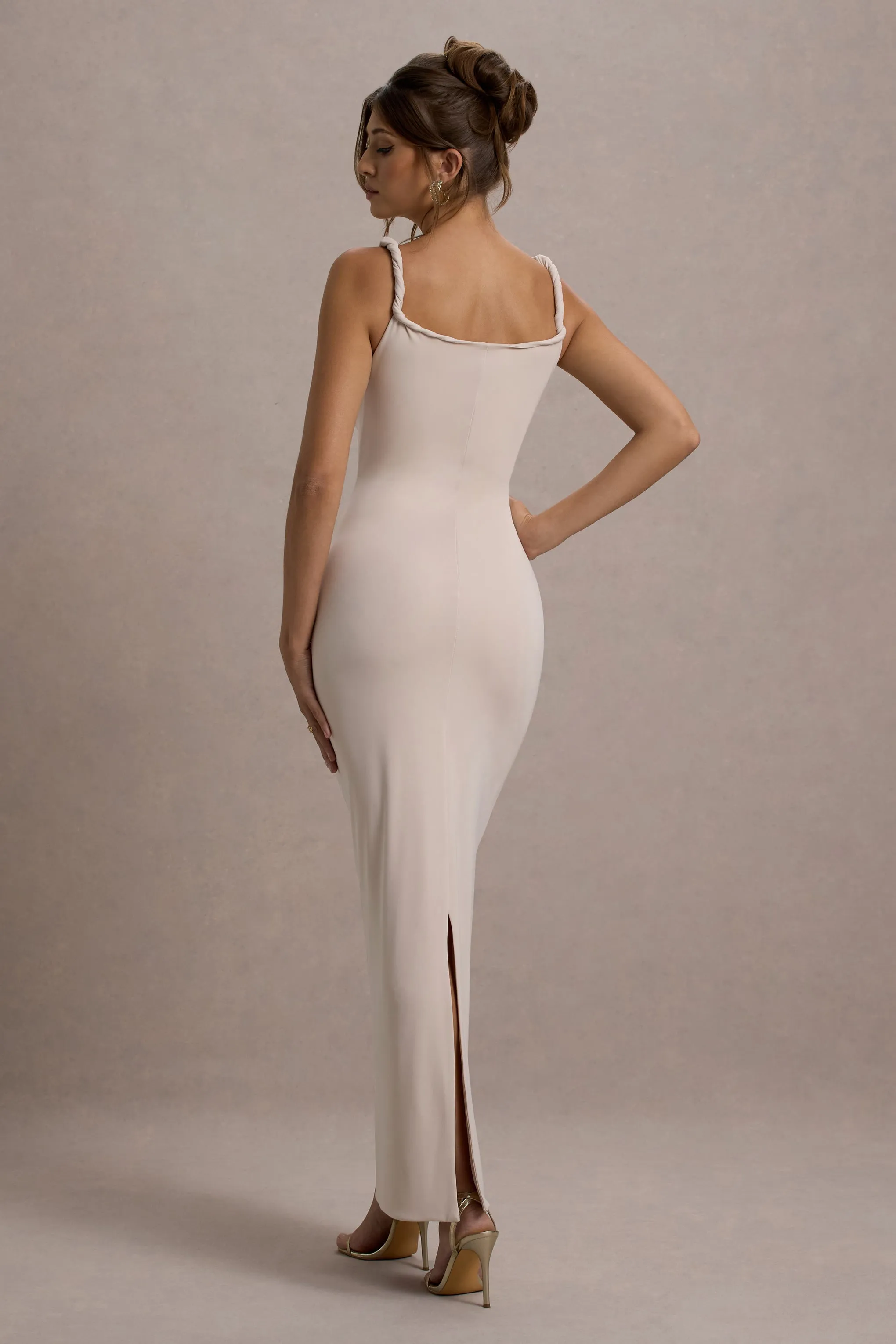 Twist Of Fate | Champagne Twist-Neck Maxi Dress Club L London