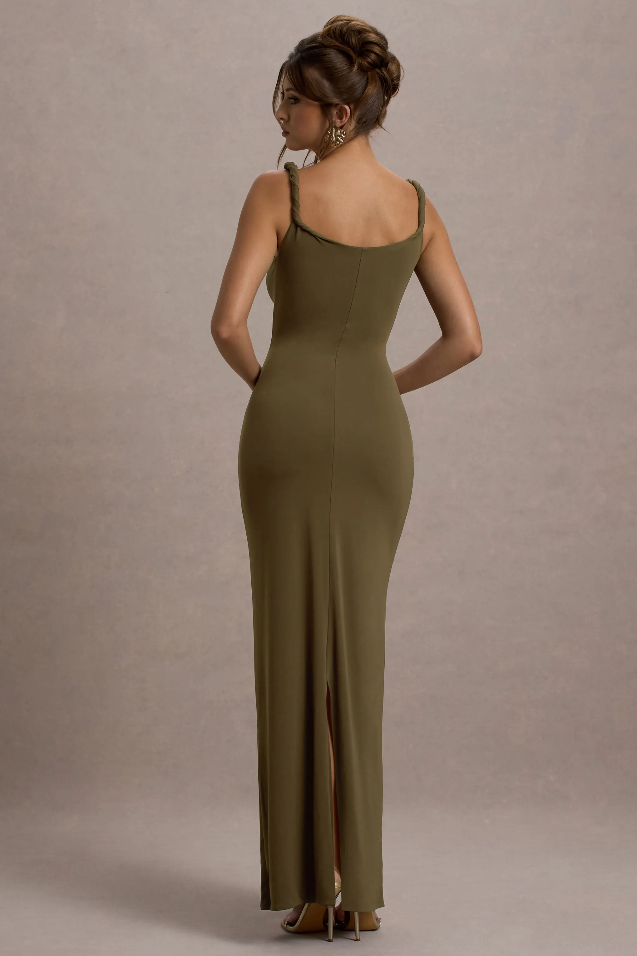 Twist Of Fate | Khaki Green Twist-Neck Maxi Dress Club L London