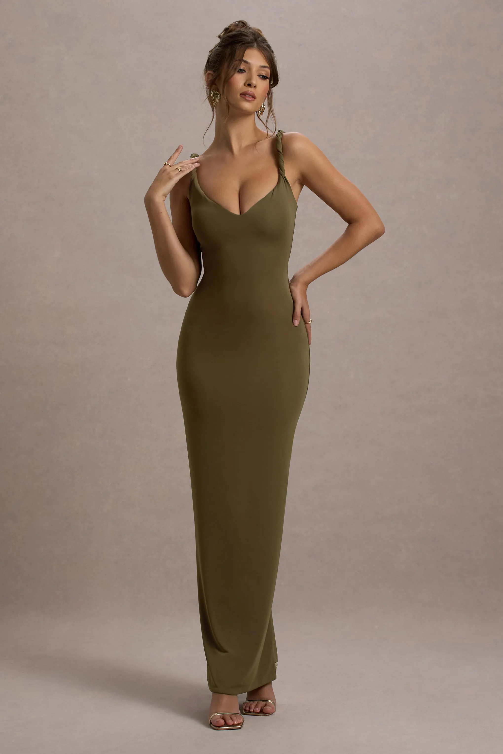 Twist Of Fate | Khaki Green Twist-Neck Maxi Dress Club L London