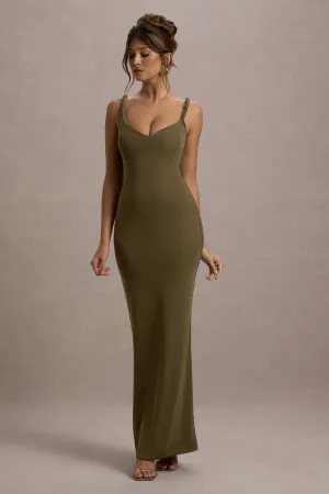 Twist Of Fate | Khaki Green Twist-Neck Maxi Dress Club L London