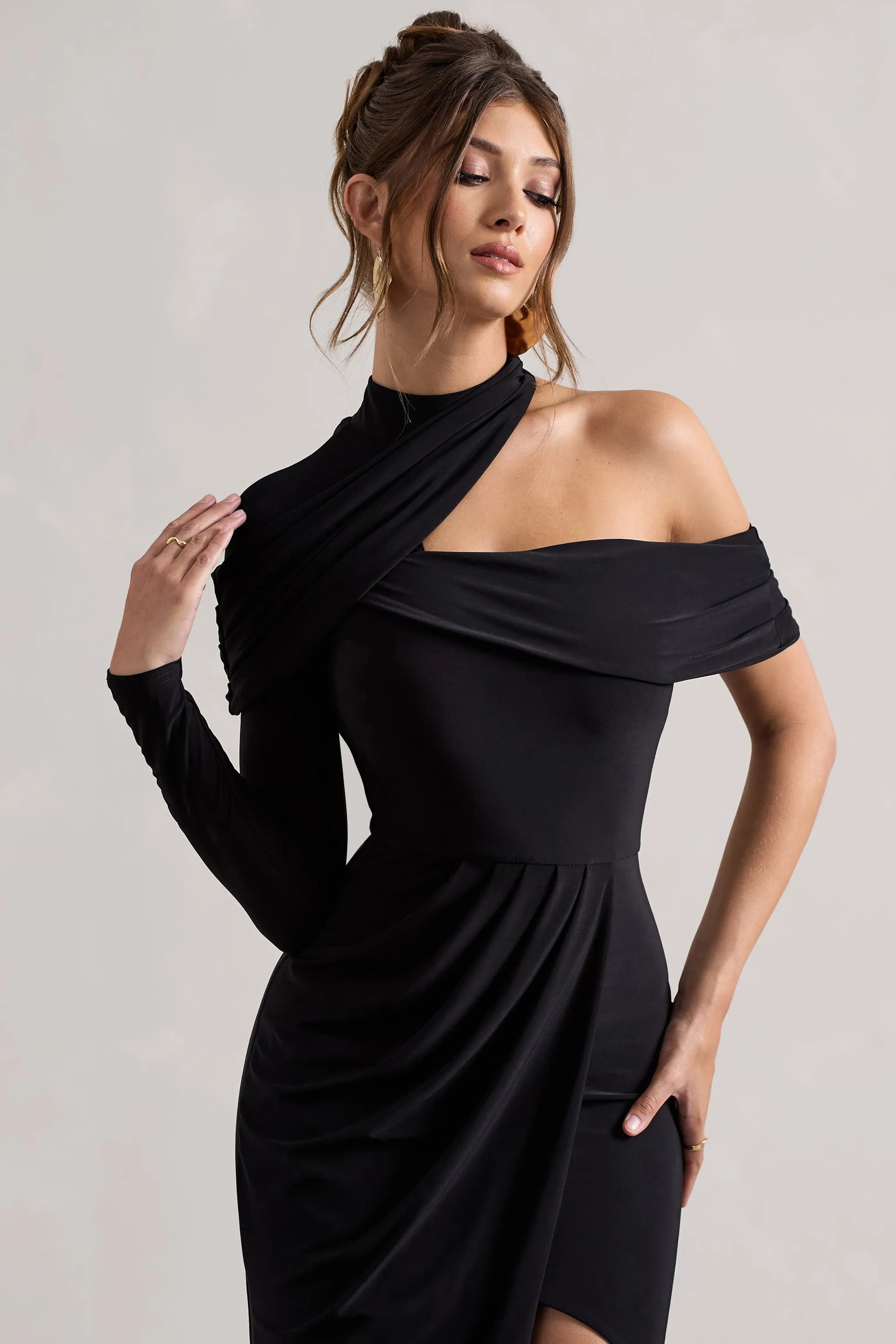 Tyla | Black Asymmetric High-Neck Split Maxi Dress Club L London
