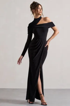 Tyla | Black Asymmetric High-Neck Split Maxi Dress Club L London