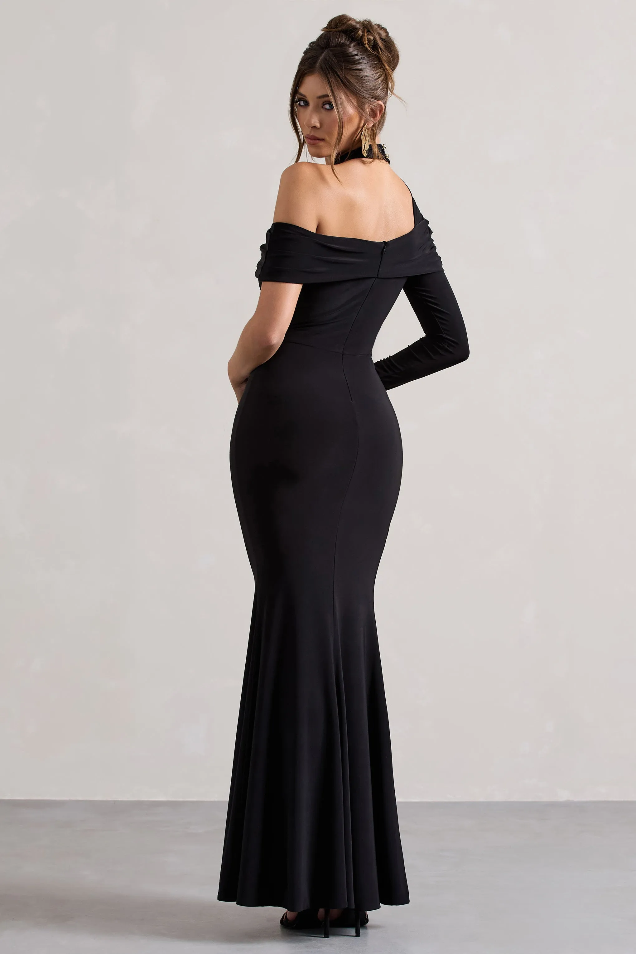 Tyla | Black Asymmetric High-Neck Split Maxi Dress Club L London