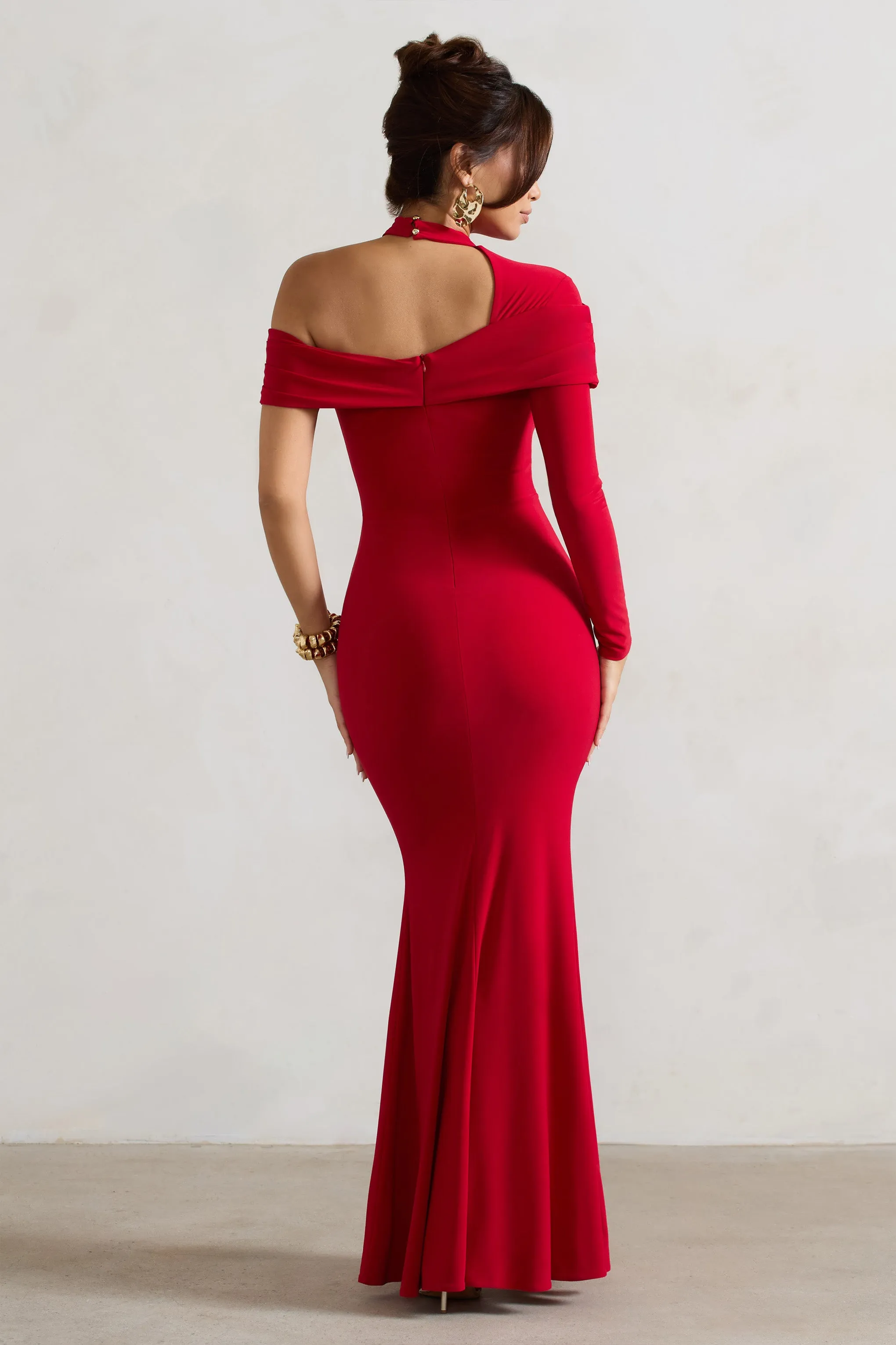 Tyla | Red Asymmetric High-Neck Split Maxi Dress Club L London