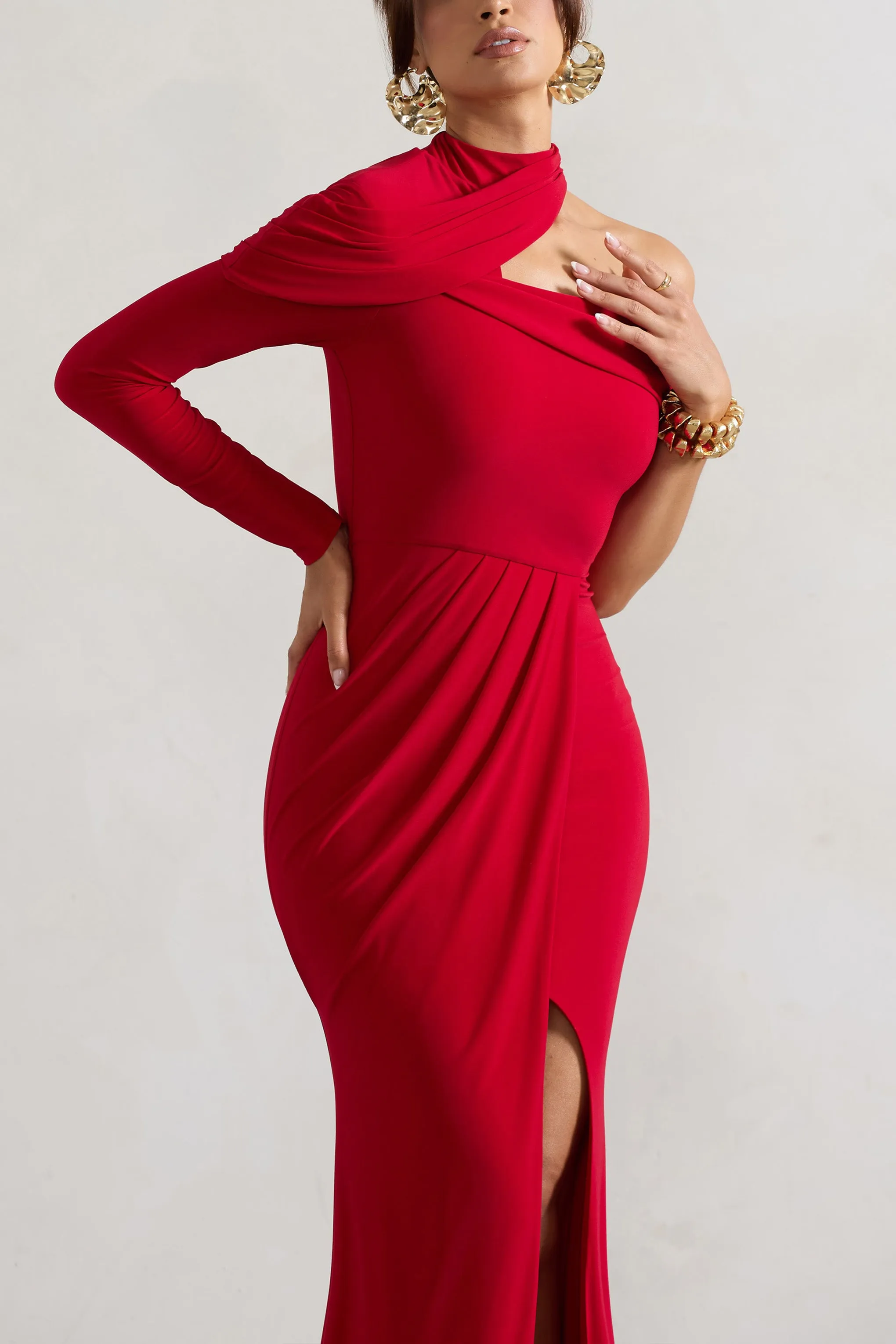 Tyla | Red Asymmetric High-Neck Split Maxi Dress Club L London