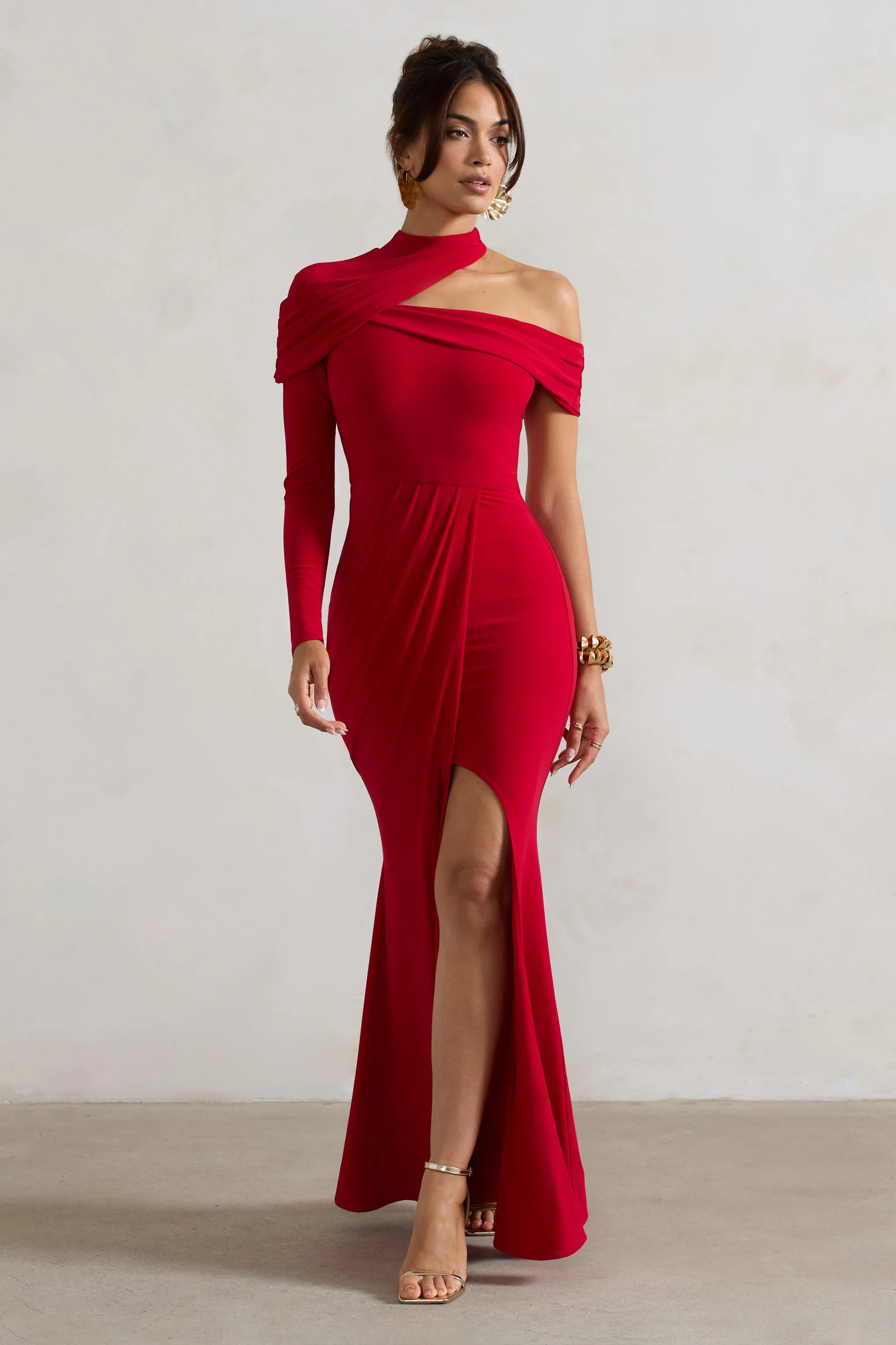 Tyla | Red Asymmetric High-Neck Split Maxi Dress Club L London