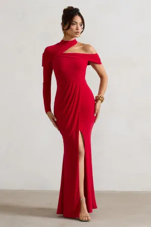 Tyla | Red Asymmetric High-Neck Split Maxi Dress Club L London