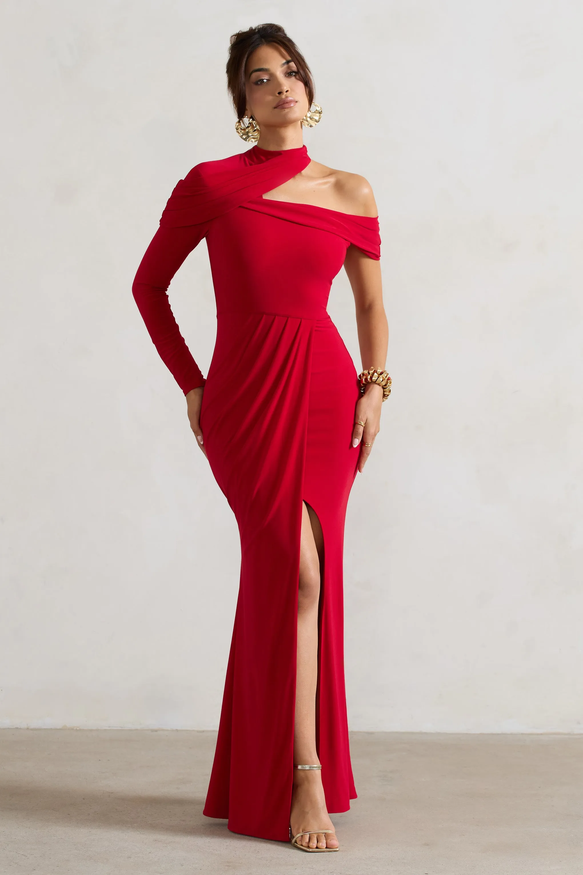 Tyla | Red Asymmetric High-Neck Split Maxi Dress Club L London