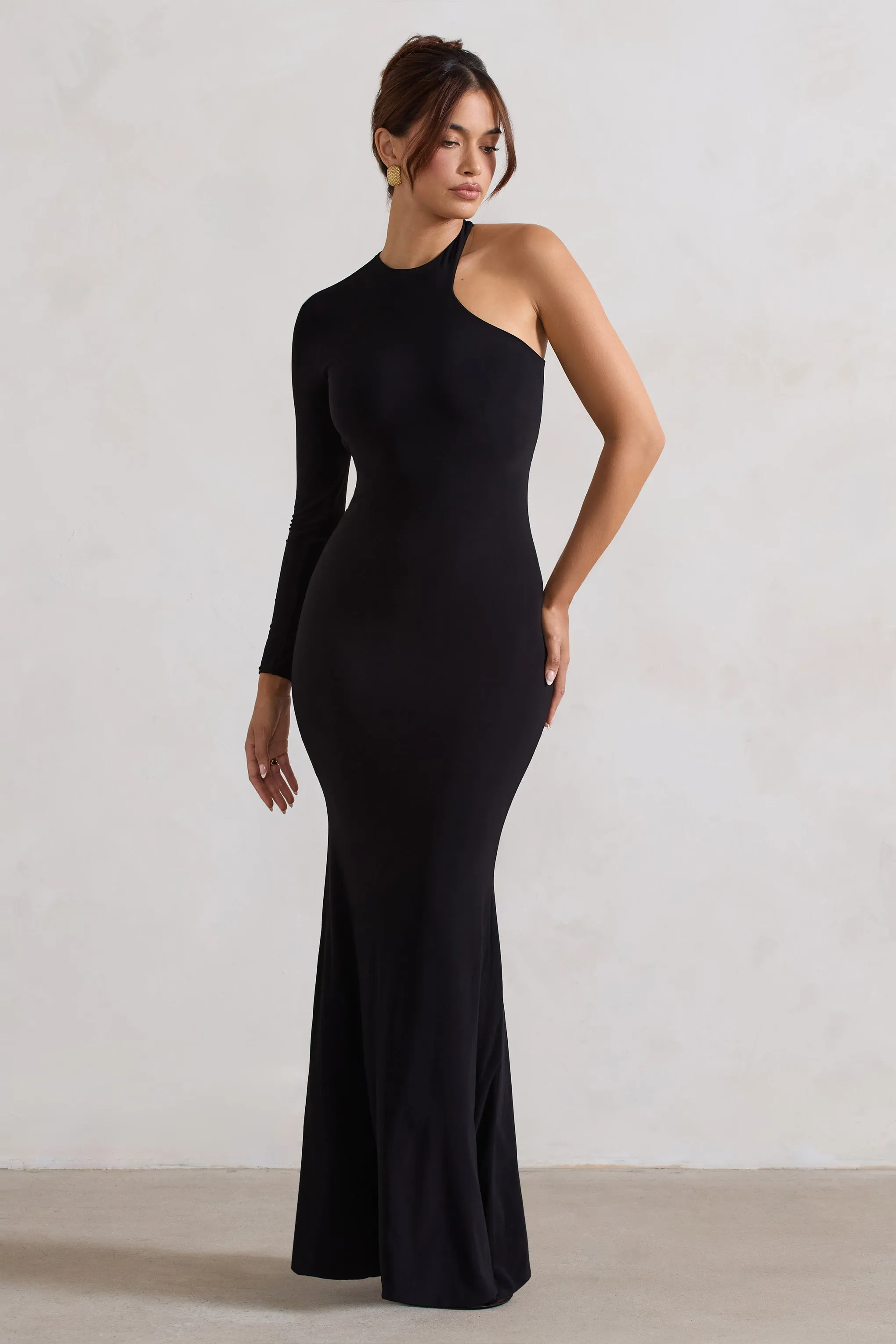 Tyra | Black Asymmetric Neck Cut Out Maxi Dress With Open Back Detail Club L London