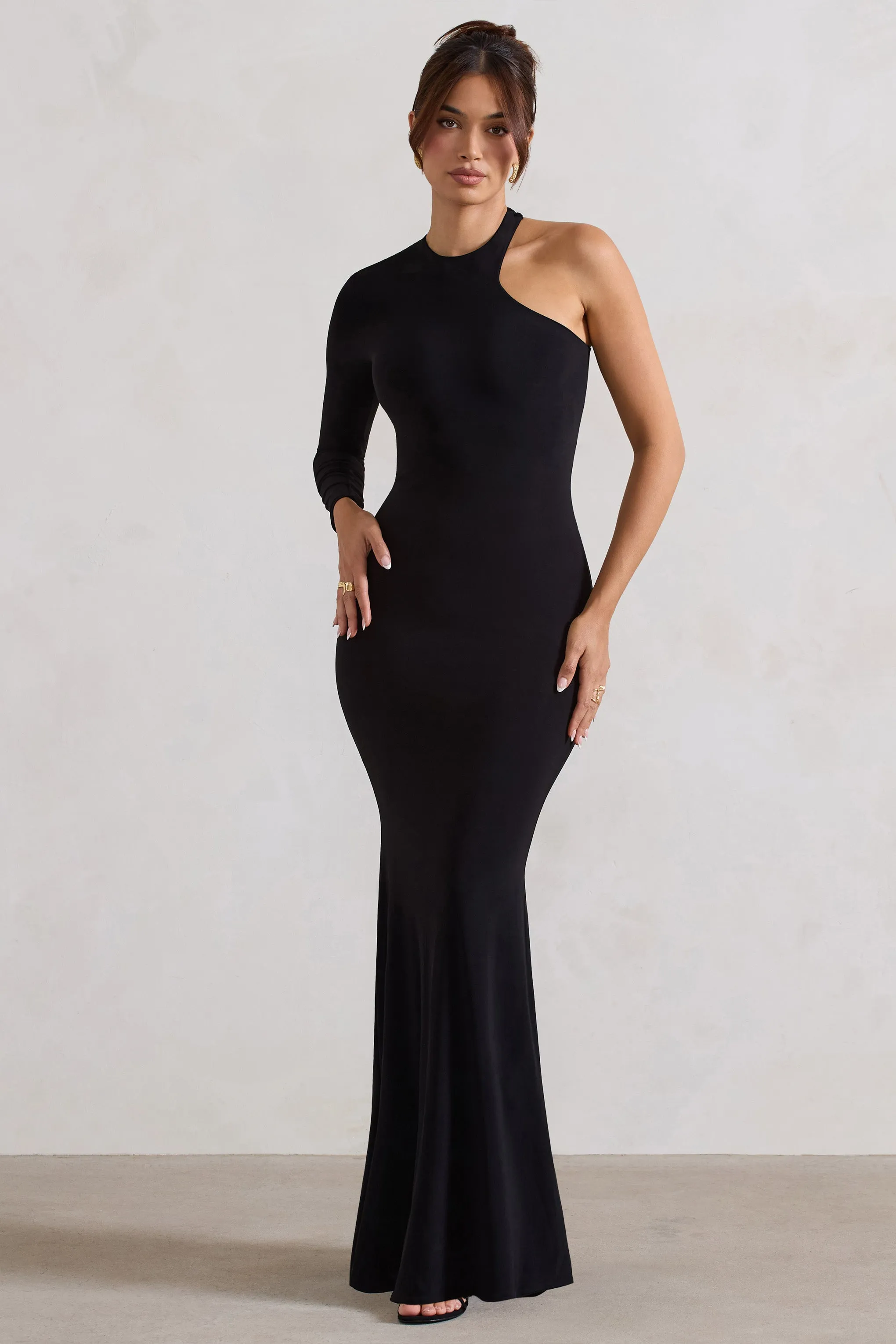 Tyra | Black Asymmetric Neck Cut Out Maxi Dress With Open Back Detail Club L London