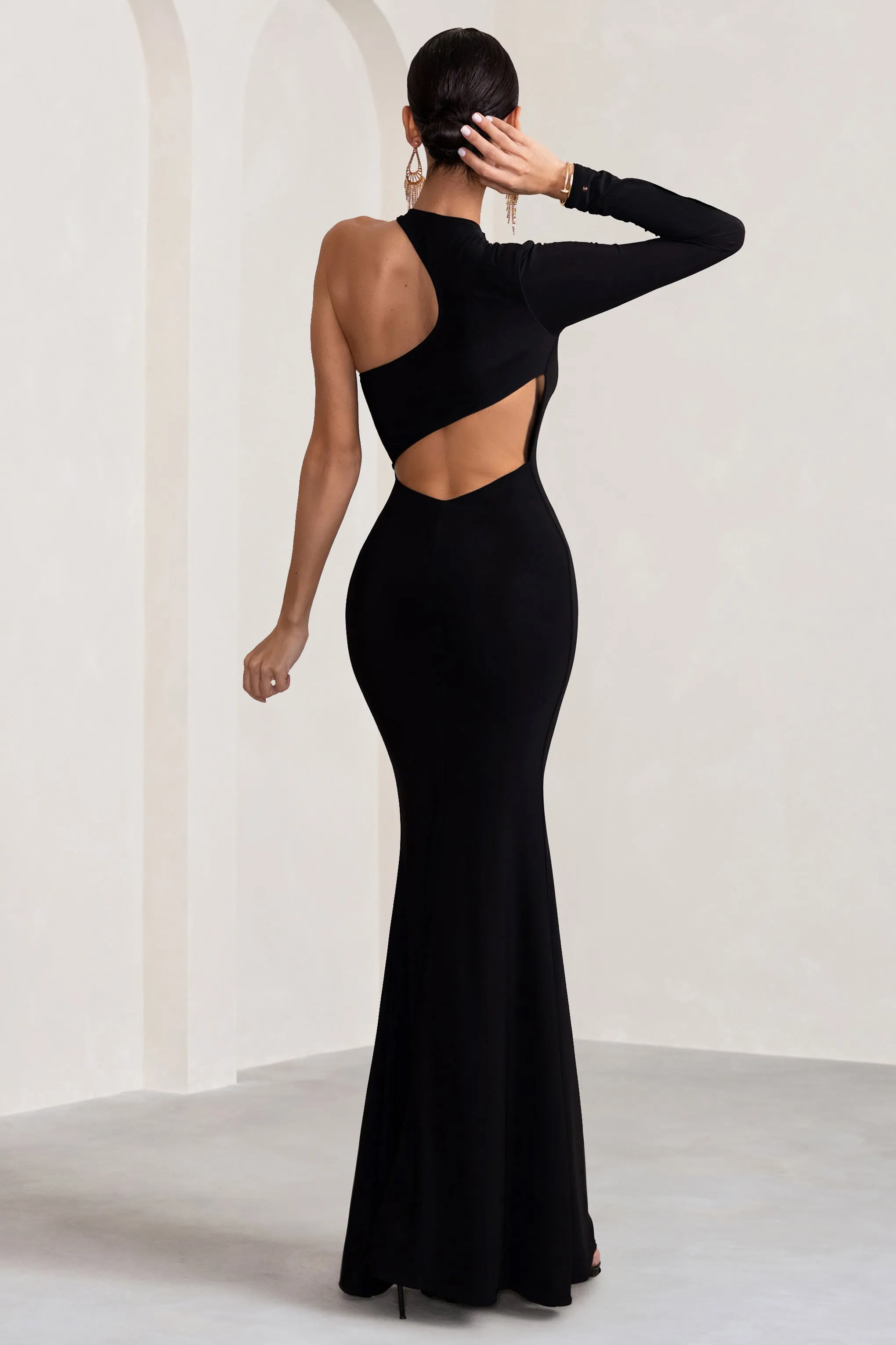 Tyra | Black Asymmetric Neck Cut Out Maxi Dress With Open Back Detail Club L London