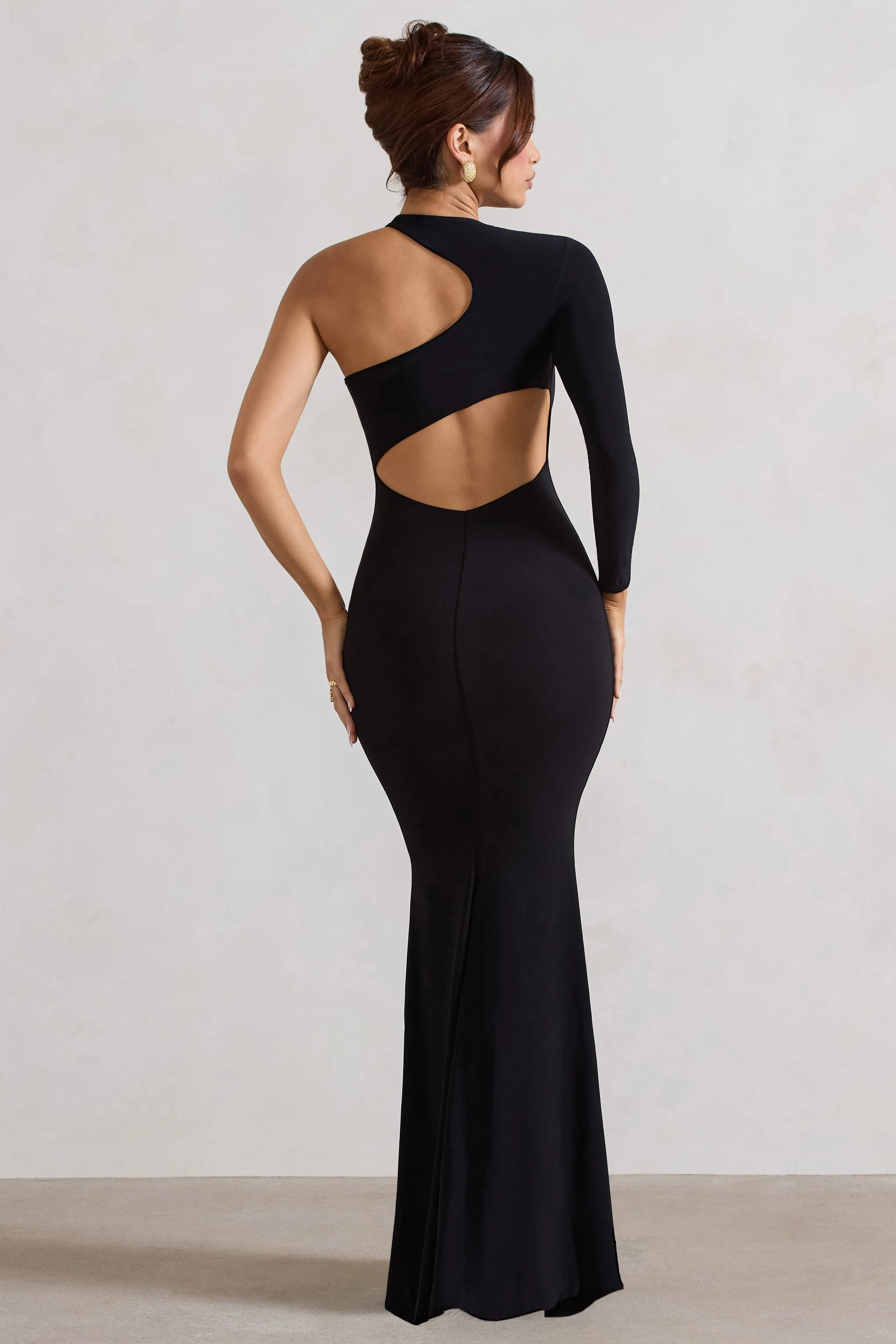 Tyra | Black Asymmetric Neck Cut Out Maxi Dress With Open Back Detail Club L London
