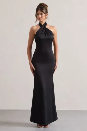 Unbeatable | Black Satin Cross Over Halter-Neck Maxi Dress Club L London
