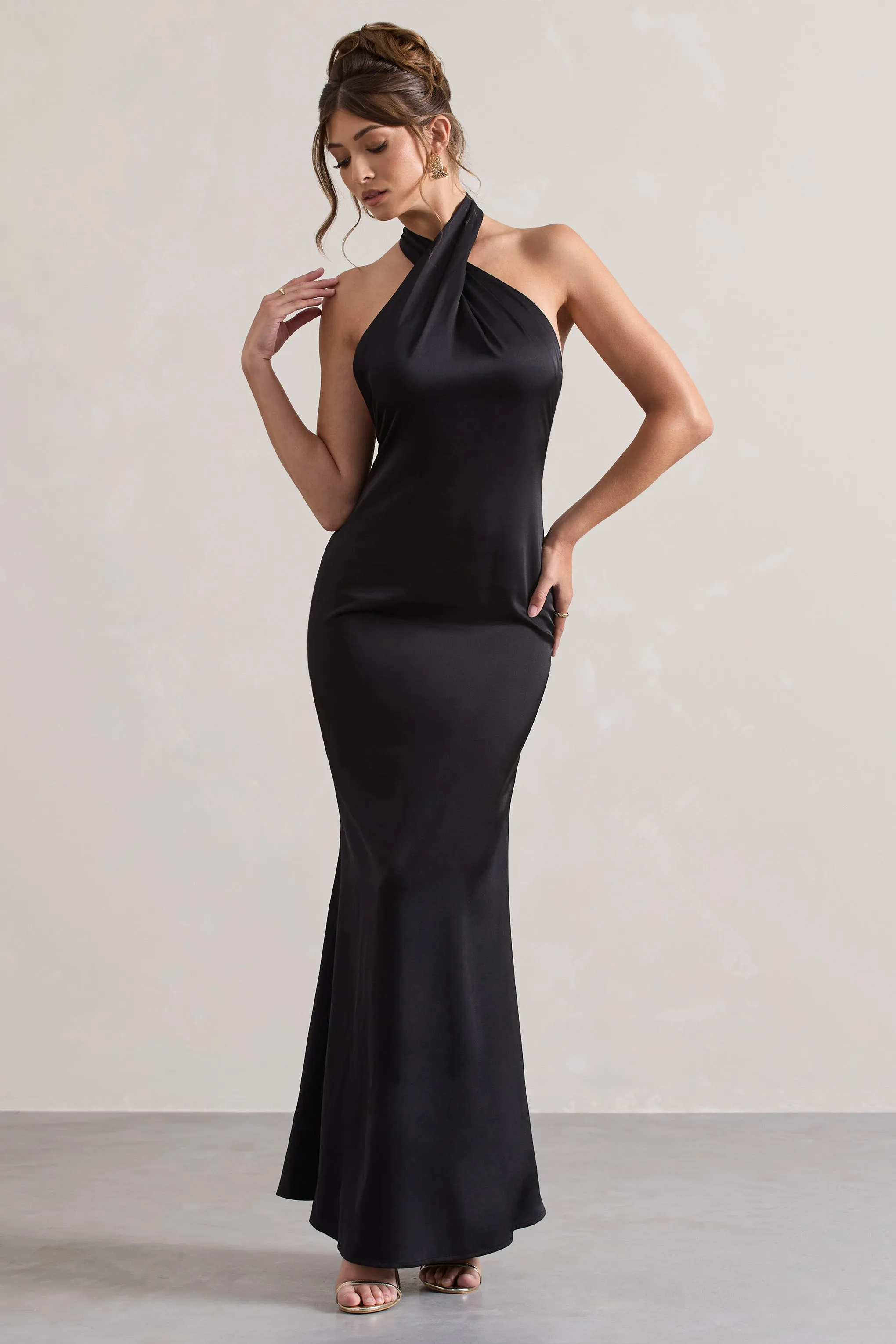 Unbeatable | Black Satin Cross Over Halter-Neck Maxi Dress Club L London