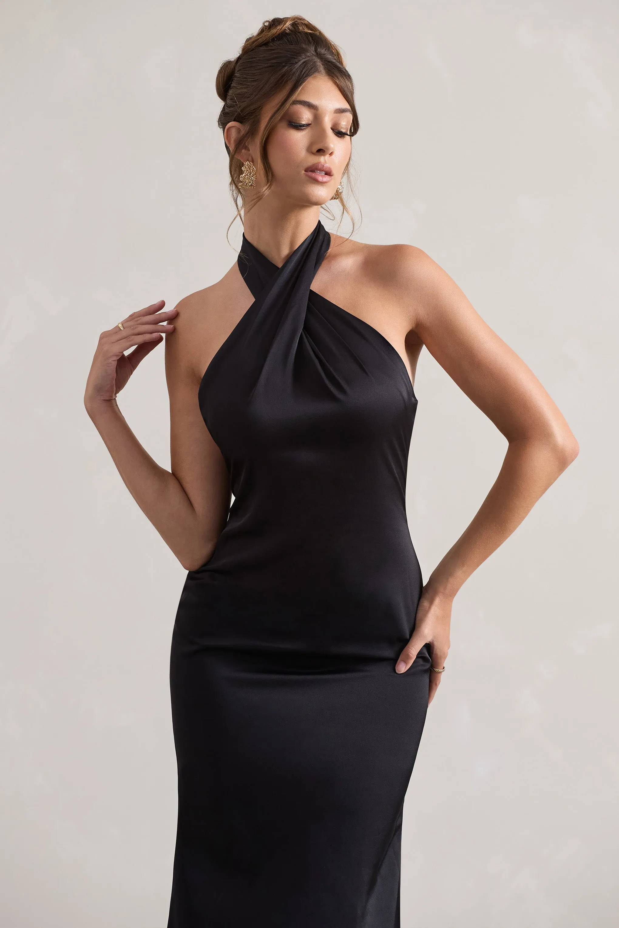 Unbeatable | Black Satin Cross Over Halter-Neck Maxi Dress Club L London