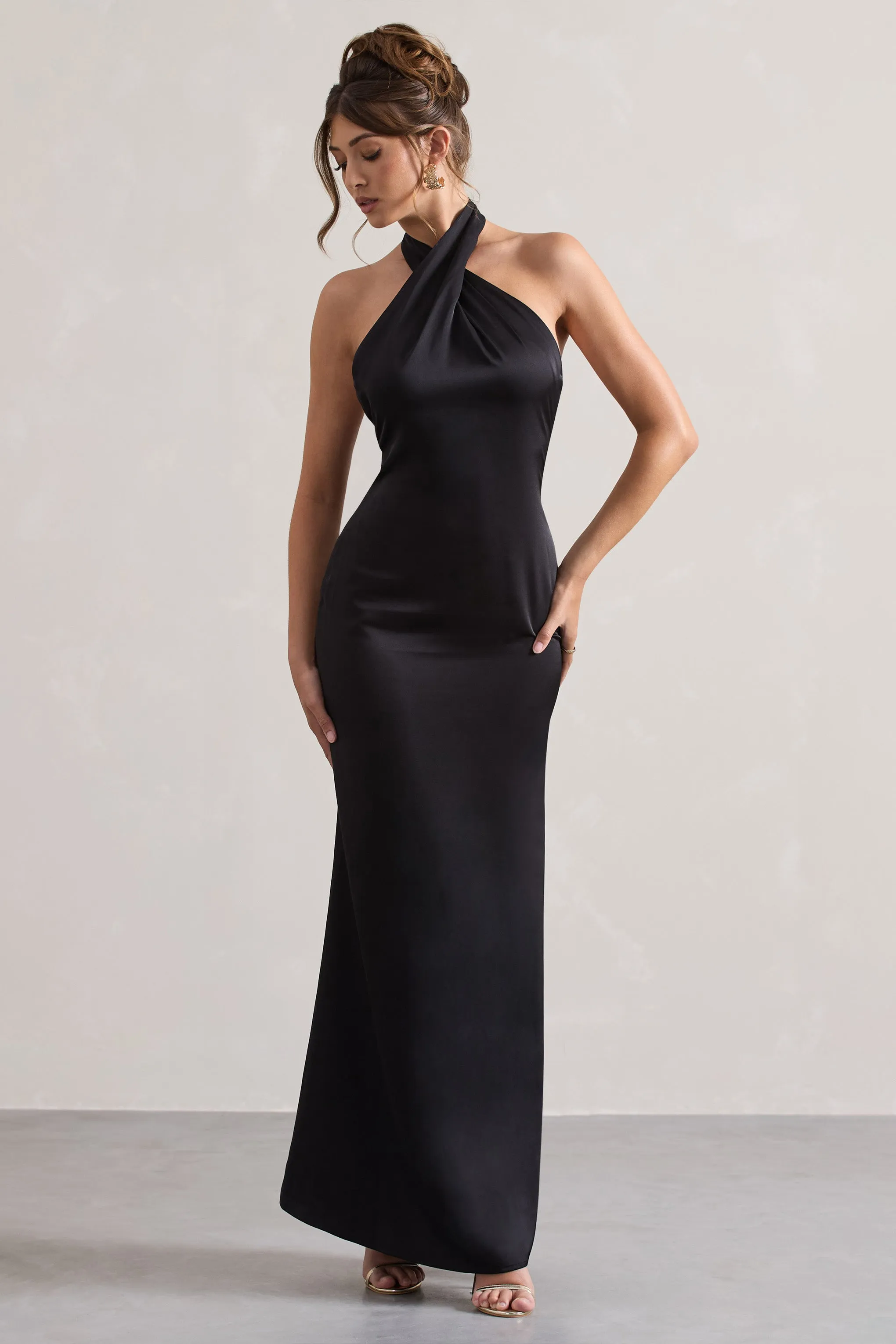 Unbeatable | Black Satin Cross Over Halter-Neck Maxi Dress Club L London