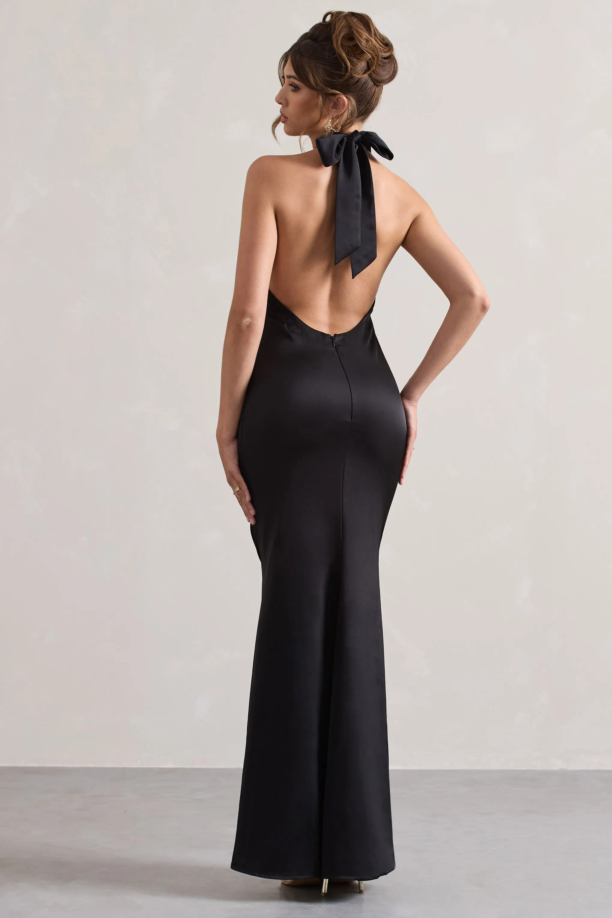 Unbeatable | Black Satin Cross Over Halter-Neck Maxi Dress Club L London