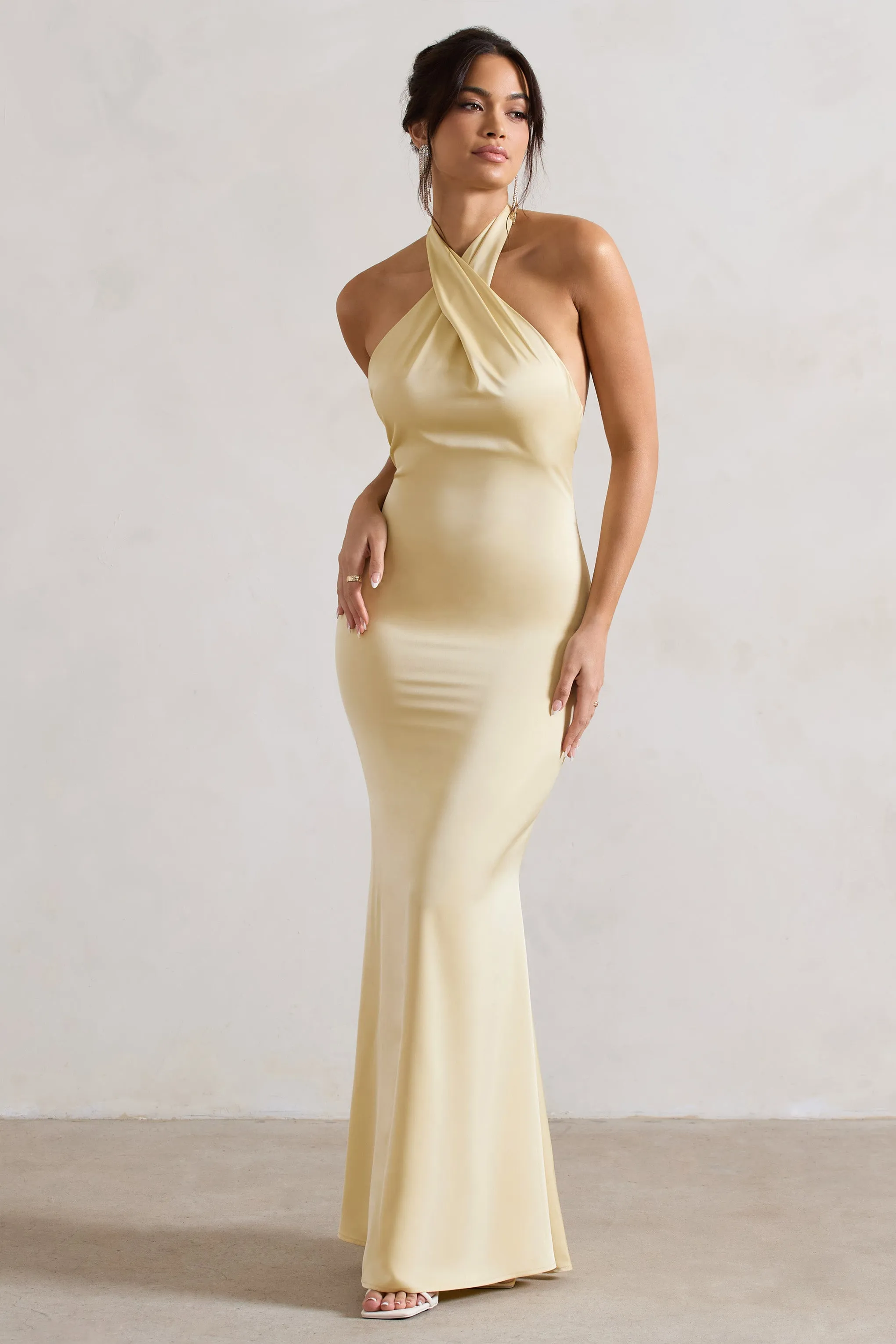 Unbeatable | Lemon Satin Cross Over Halter-Neck Maxi Dress Club L London