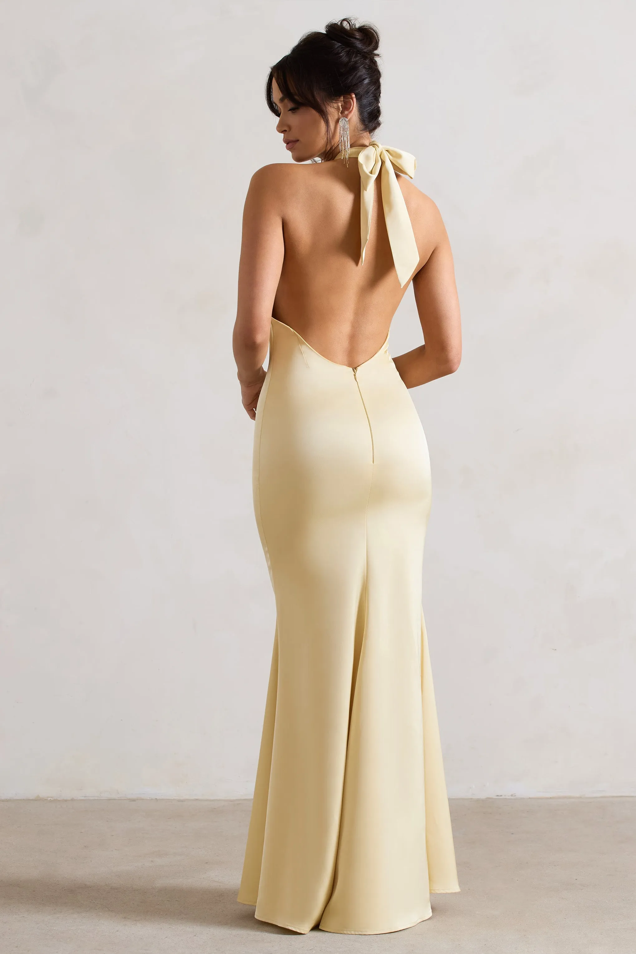 Unbeatable | Lemon Satin Cross Over Halter-Neck Maxi Dress Club L London