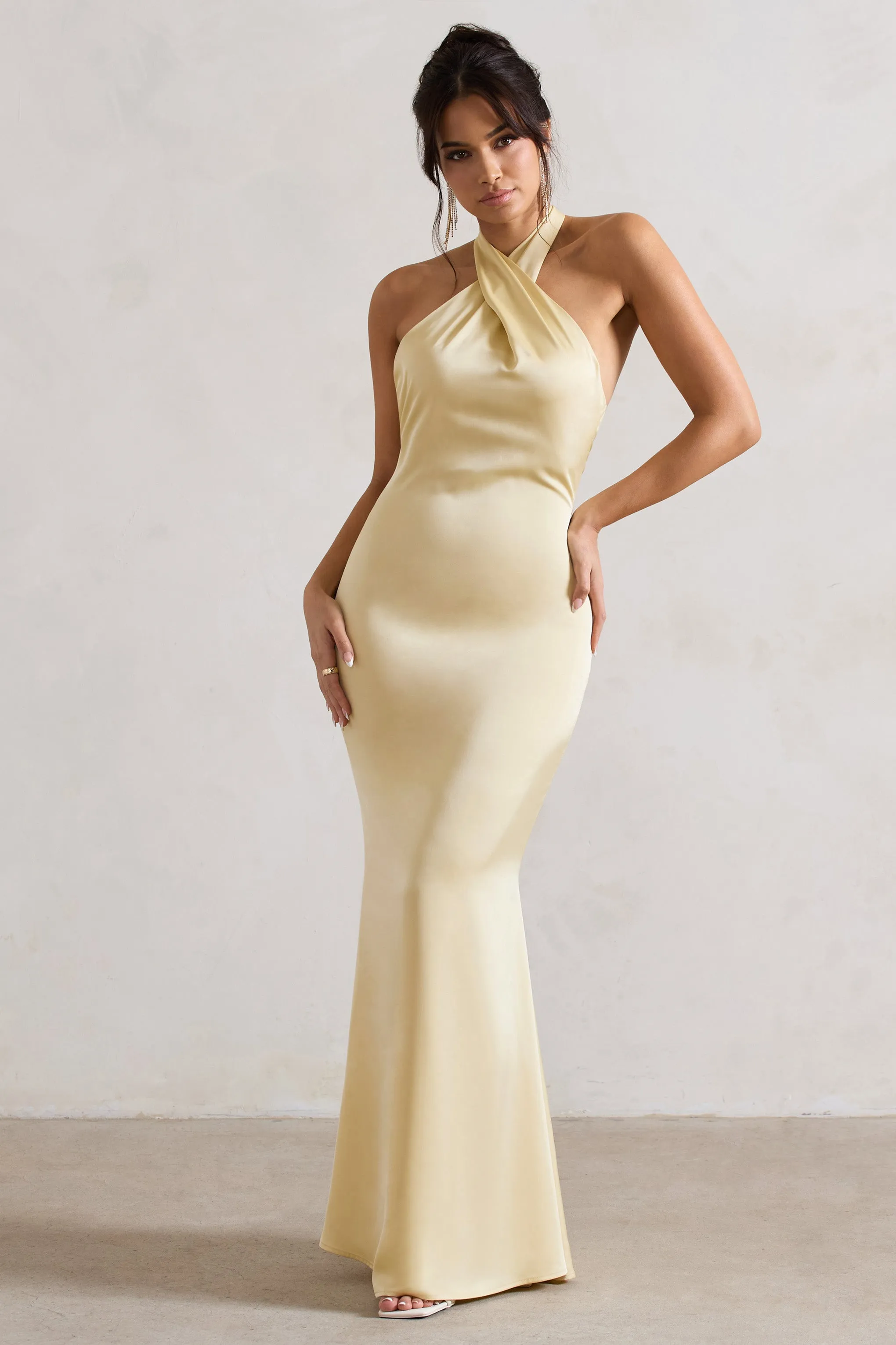 Unbeatable | Lemon Satin Cross Over Halter-Neck Maxi Dress Club L London