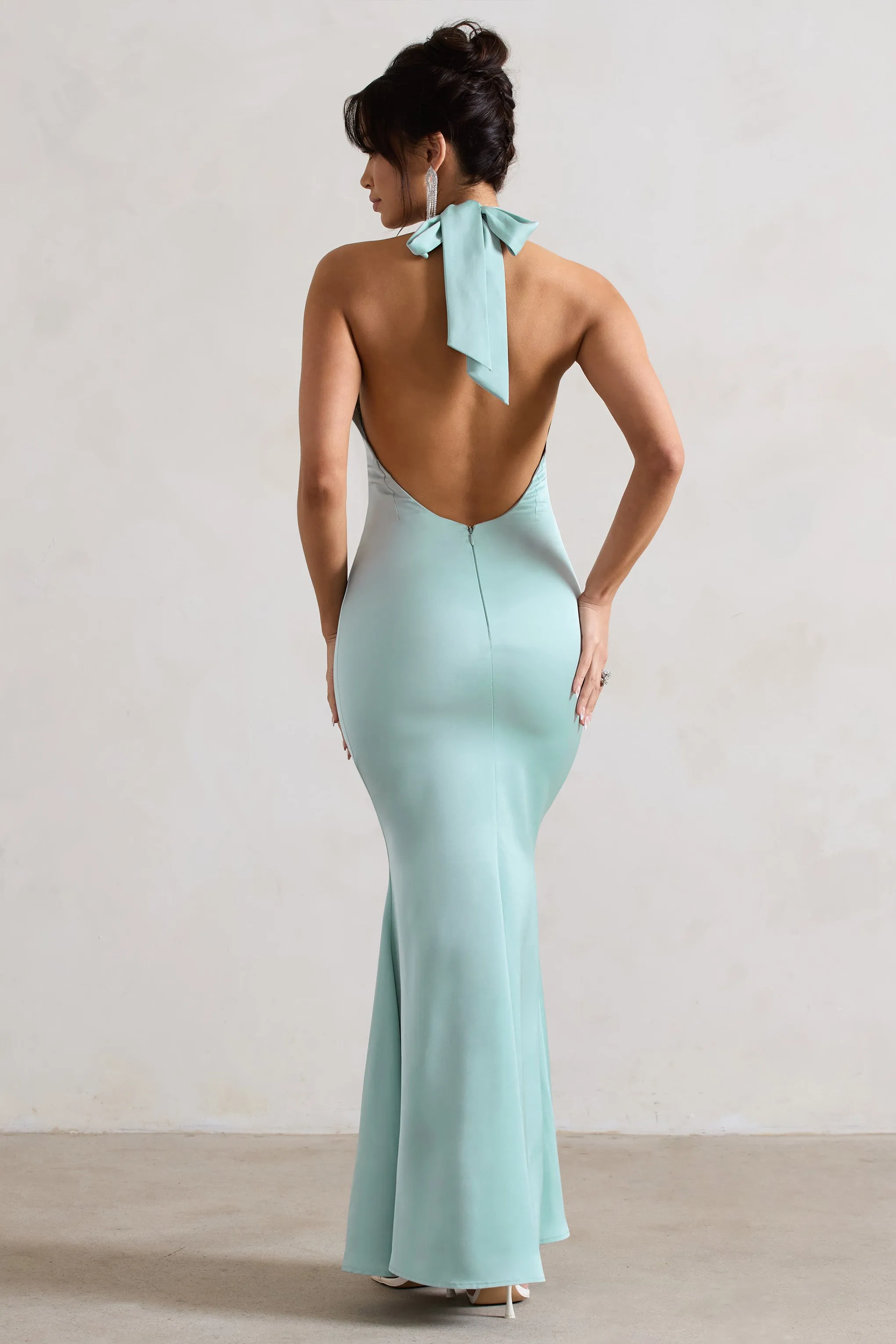 Unbeatable | Mint Green Satin Cross Over Halter-Neck Maxi Dress Club L London
