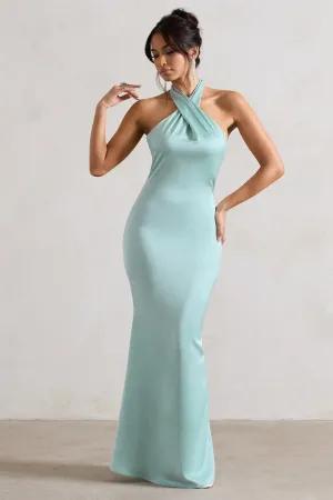 Unbeatable | Mint Green Satin Cross Over Halter-Neck Maxi Dress Club L London